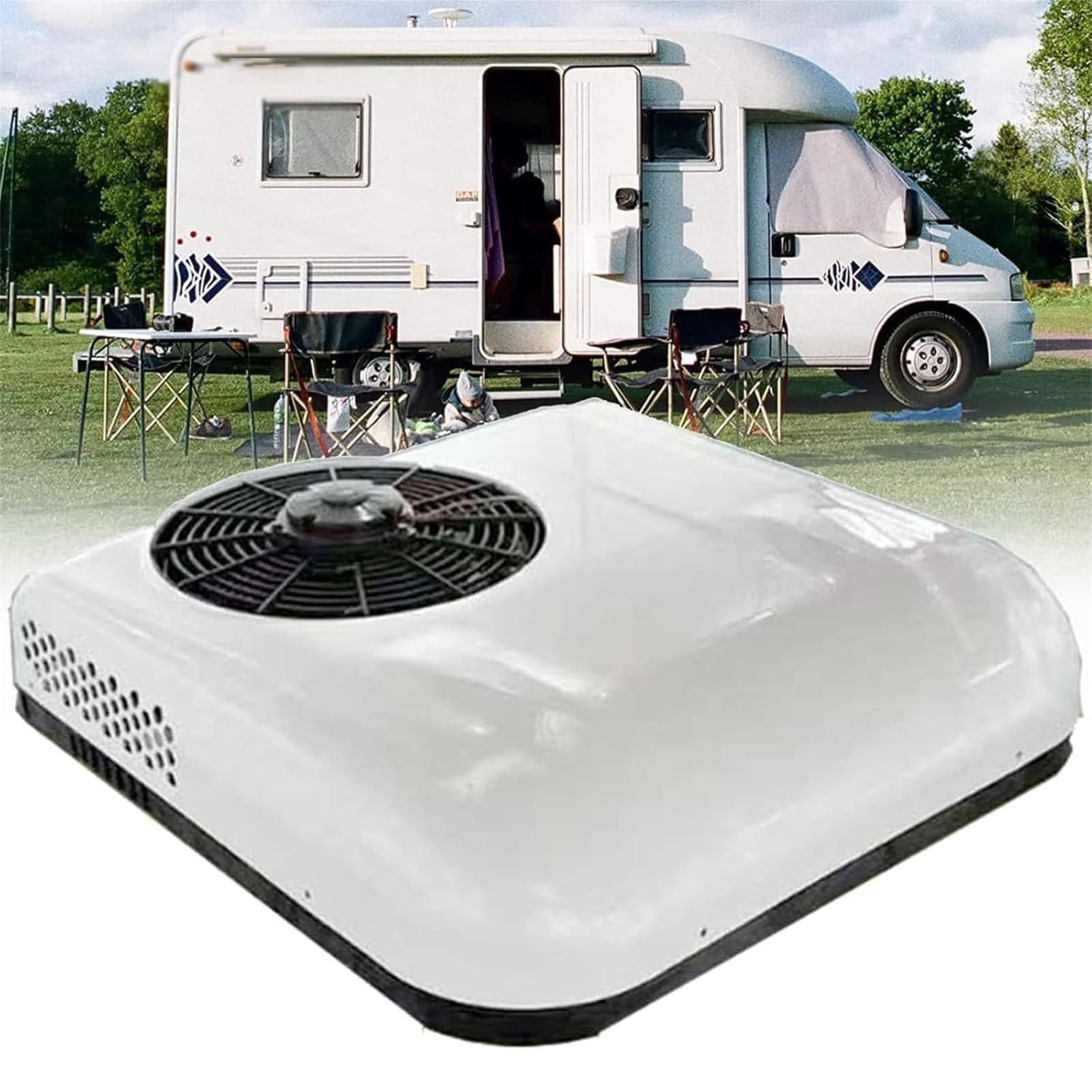 RayGenius Climatiseur RV 12v/24v Climatiseur spécial Parking, climatiseur de Toit Ultra-Mince pour Voiture, capacité de Refroidissement de 2600w, Facile à Installer pour Voiture RV Truck,12VDC-White