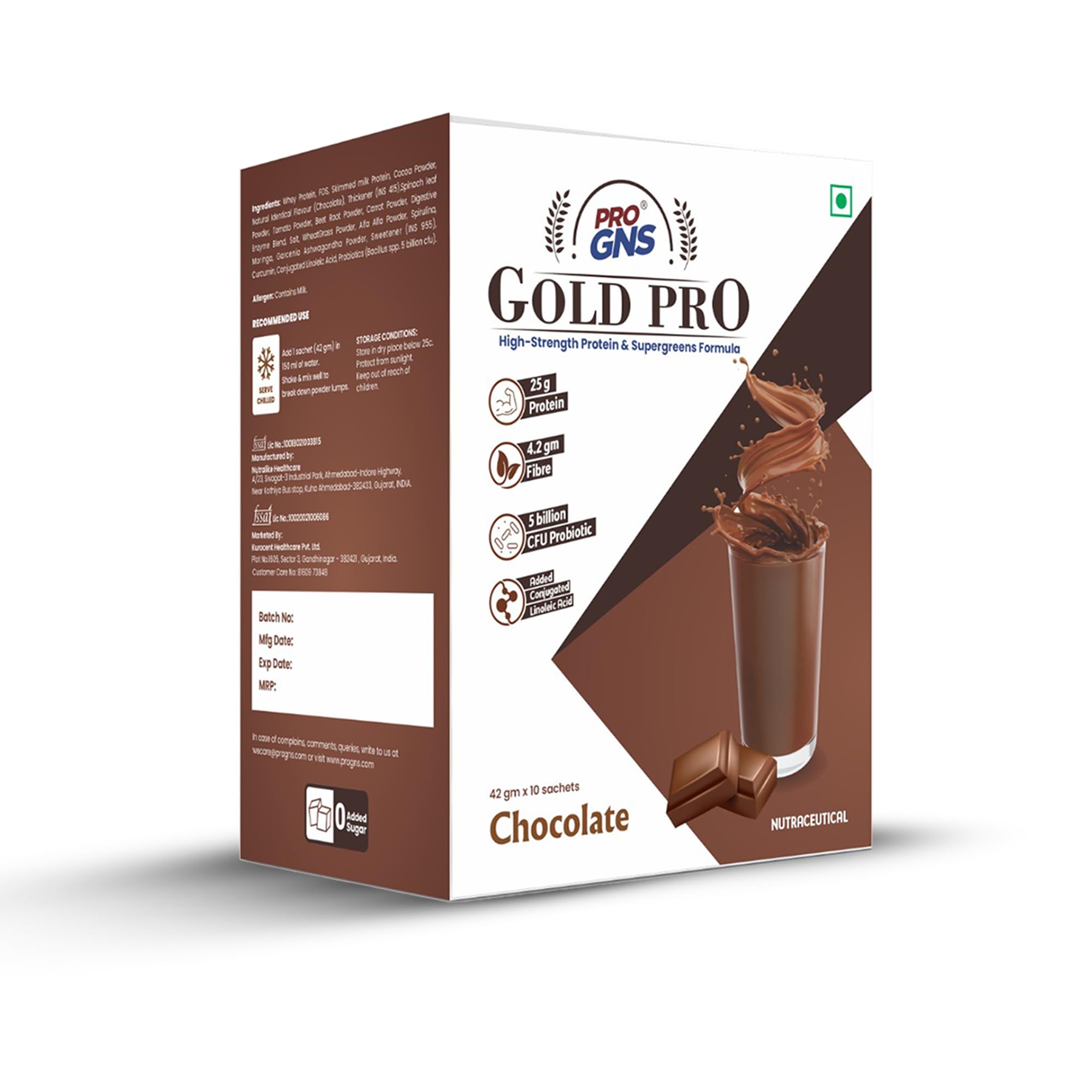Gold Pro Whey Protein Powder Sachets | Protein 25g & Fibre 4.2g per serving | Chocolate Flavour (42g x 10 Sachet)