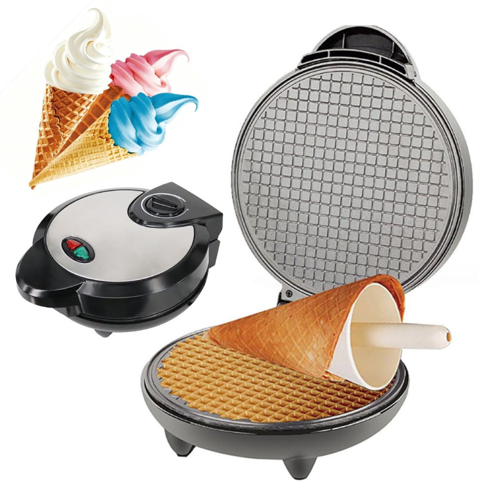 Macchina per Coni Waffle Elettrica, Macchina per Coni Gelato con Riscaldamento a Doppio Lato, Macchina per Involtini di Gelato con Piastre Antiaderenti e Controllo della Temperatura