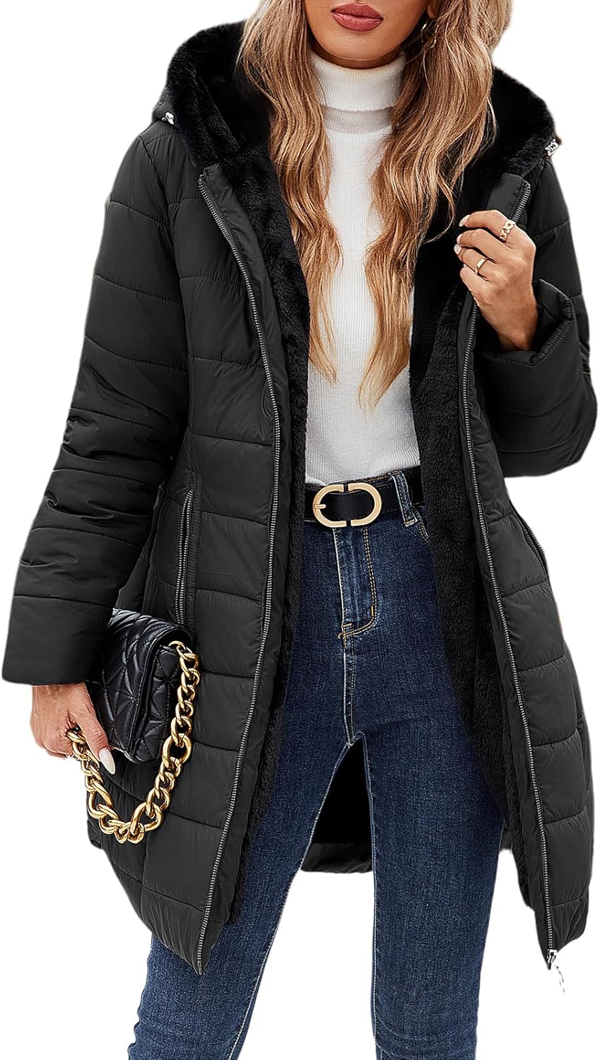 Women's Puffer Coat Winter Long Quilted Jacket Zip Up Fleece Lined Down Jacket Windproof Warm Thicken Hooded Parka Coat Black XX-Large