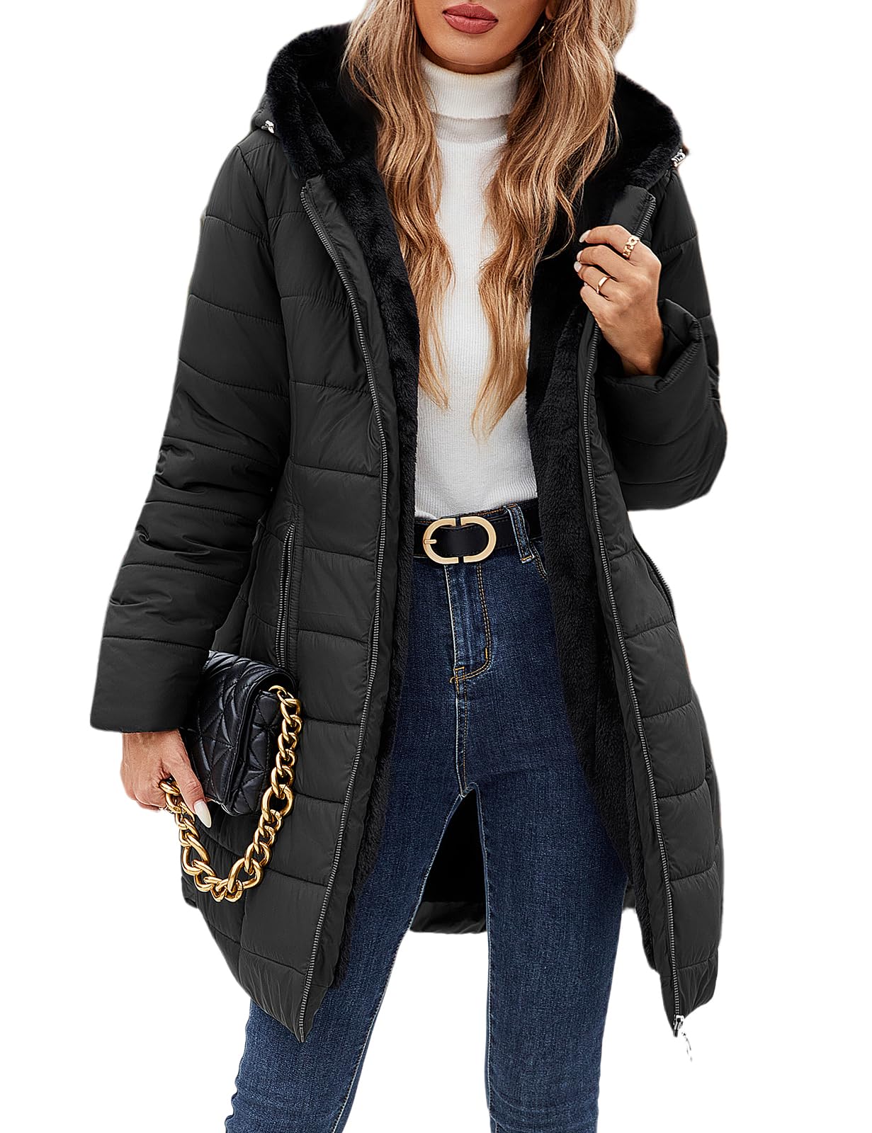 CMTOP Chaqueta Mujer Invierno Cálido Abrigo Acolchado Mujer Forro Polar Chaqueta Cremallera Largo con Capucha Termico Abrigo Casual Elegante Cazadora Hoodie Parka con Bolsillos