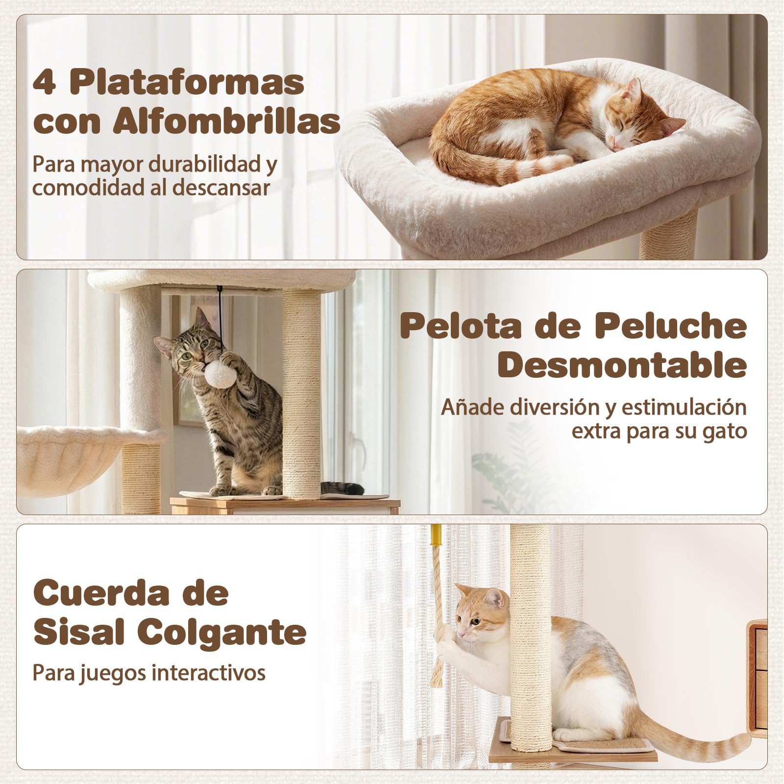 COSTWAY Mueble Rascador para Gatos, 148 cm Árbol Rascador para Gatos con Postes Rascadores de Sisal, Condominio, Percha, Cesta, Juguete, Cojines Lavables, Gran Torre de Madera Multinivel para Gatitos