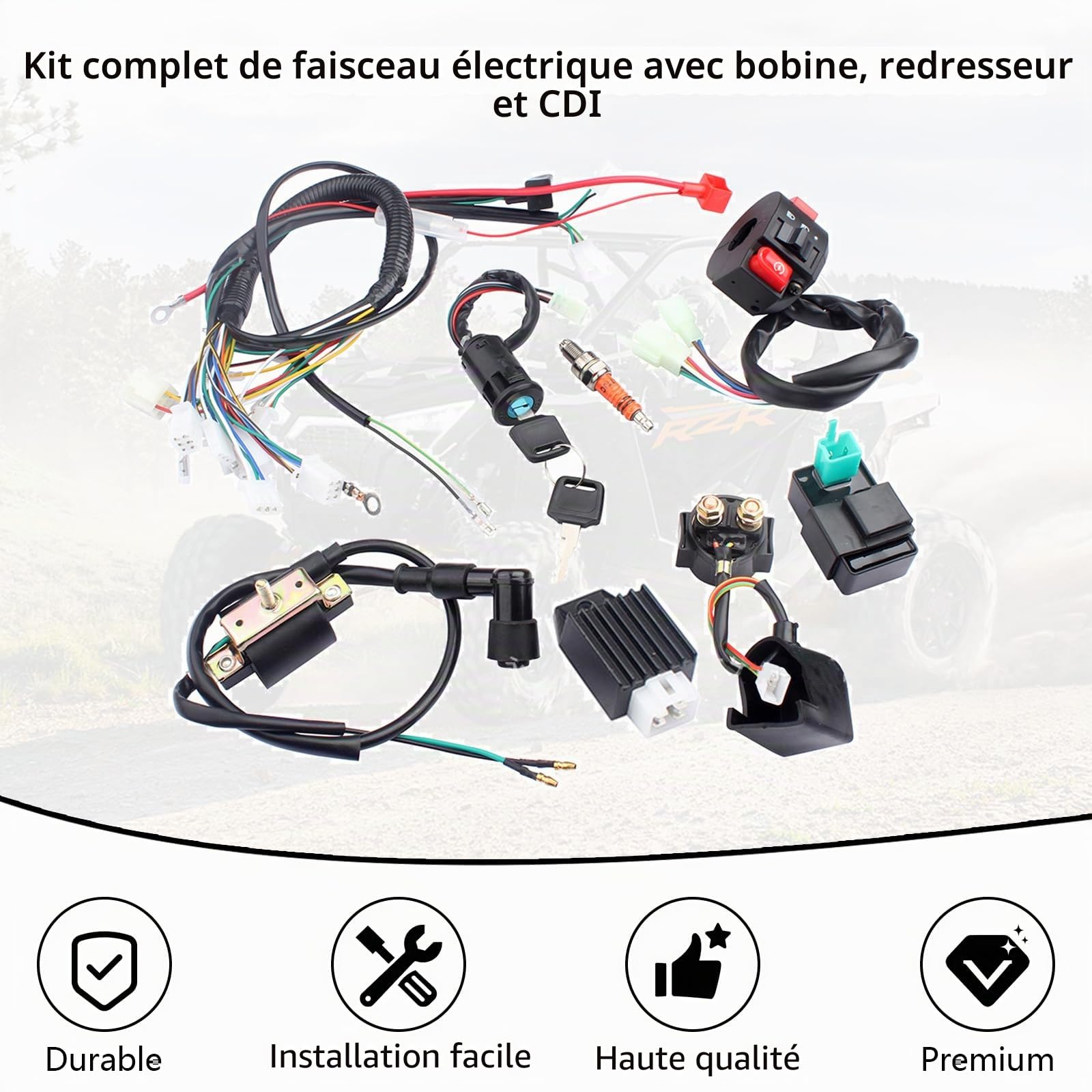 Kit complet de faisceau de câbles pour 50-125 cc ATV/Quad/moto, serrure d'allumage avec clé CDI Bobine d'allumage Relais Régulateur Interrupteur Bougie d'allumage Quad Remplacement pour Dirt Bike