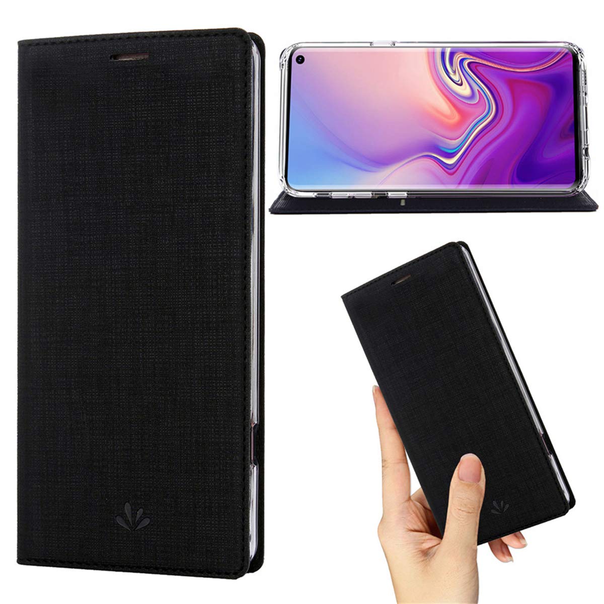 Samsung Galaxy S10 Plus Case,Premium Flip Leather Wallet Case Stand Kickstand Card Slot Magnetic Full Body Protective Cover Clear TPU Bumper Thin Case for Galaxy S10 Plus (Black1, S10 Plus)