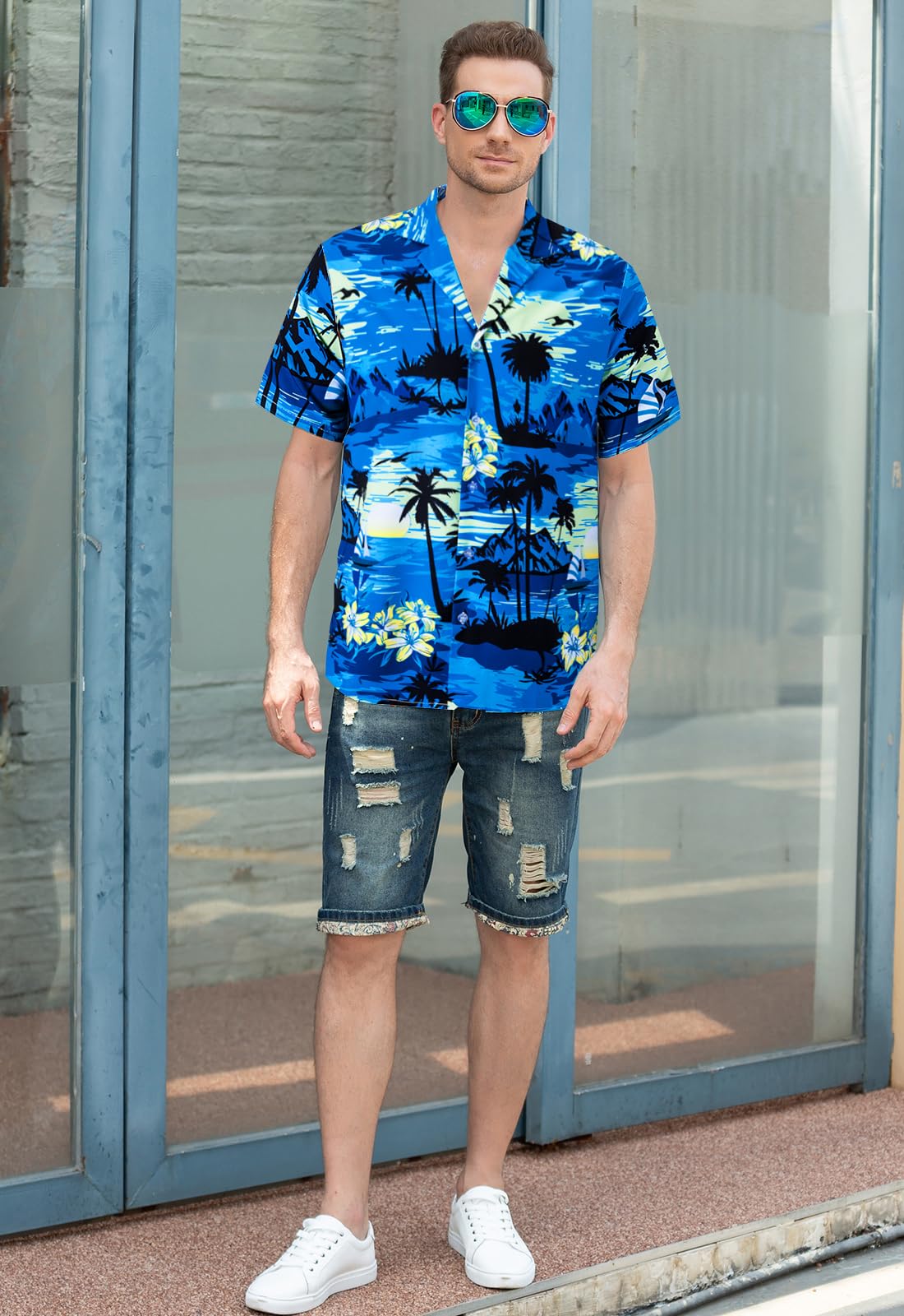Cromoncent Camicia hawaiana per ragazzo e uomo, a maniche corte, colletto cubano, tropicale, estate, spiaggia, Blu reale hawaiano, XL