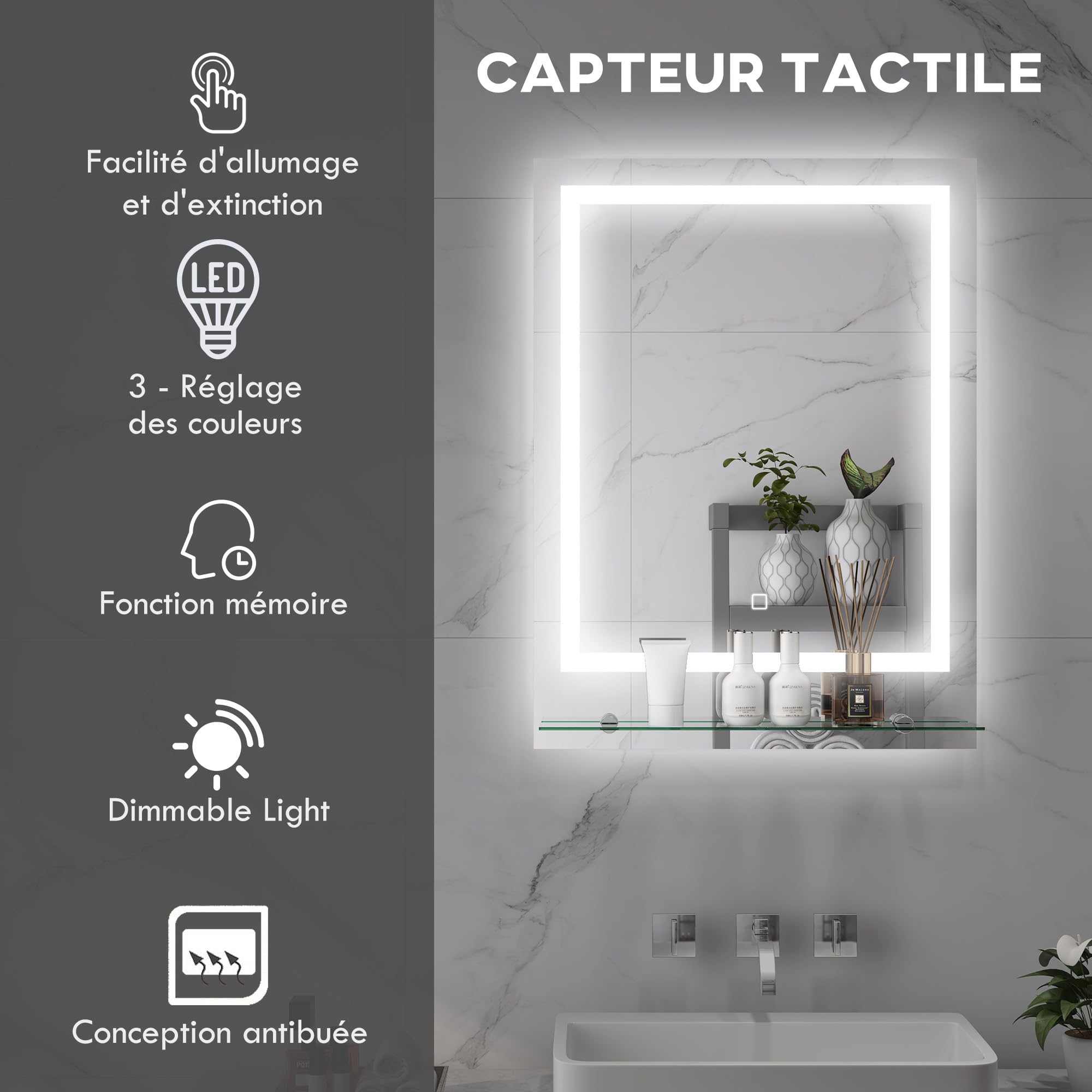kleankin Miroir Lumineux LED rectangulaire Miroir Mural avec étagère de Salle de Bain 70 x 50 cm luminosité réglable Anti-buée Interrupteur Tactile