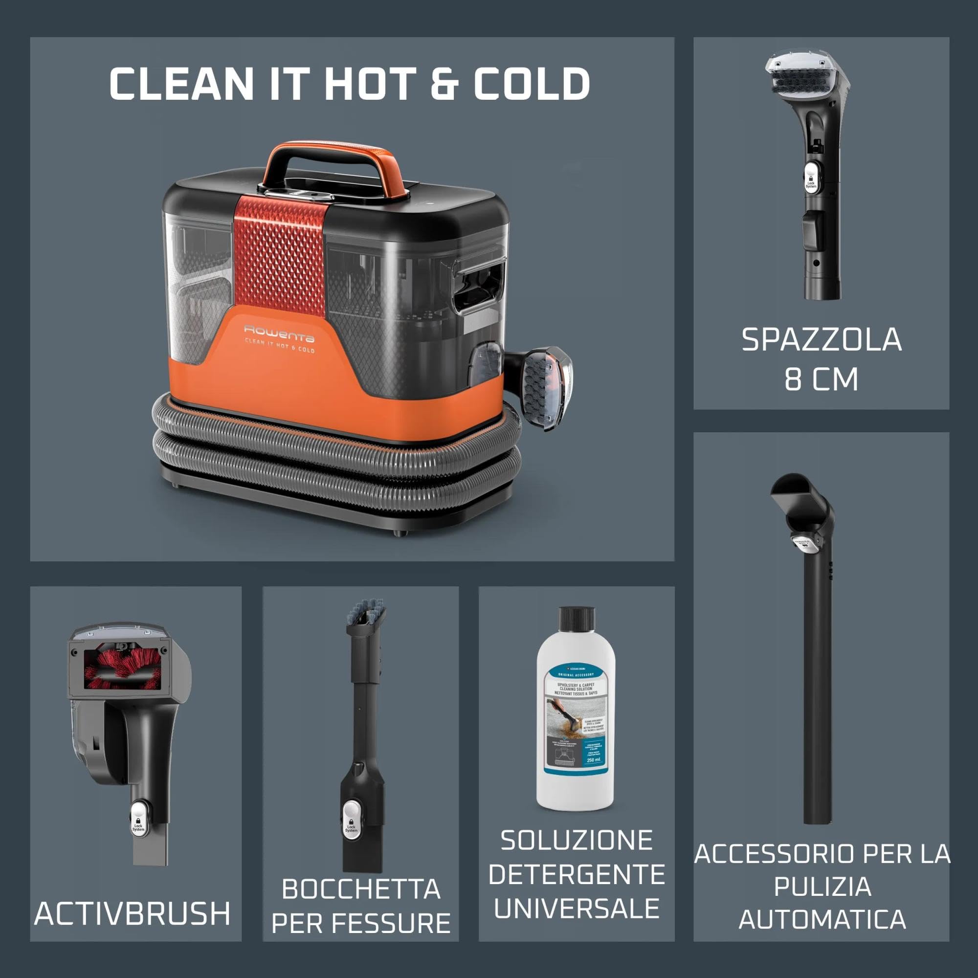 Rowenta Clean It Hot & Cold, Smacchiatore, Pulitore Portatile per Tappeti, Due Modalità di Pulizia, 1150W, IN7011