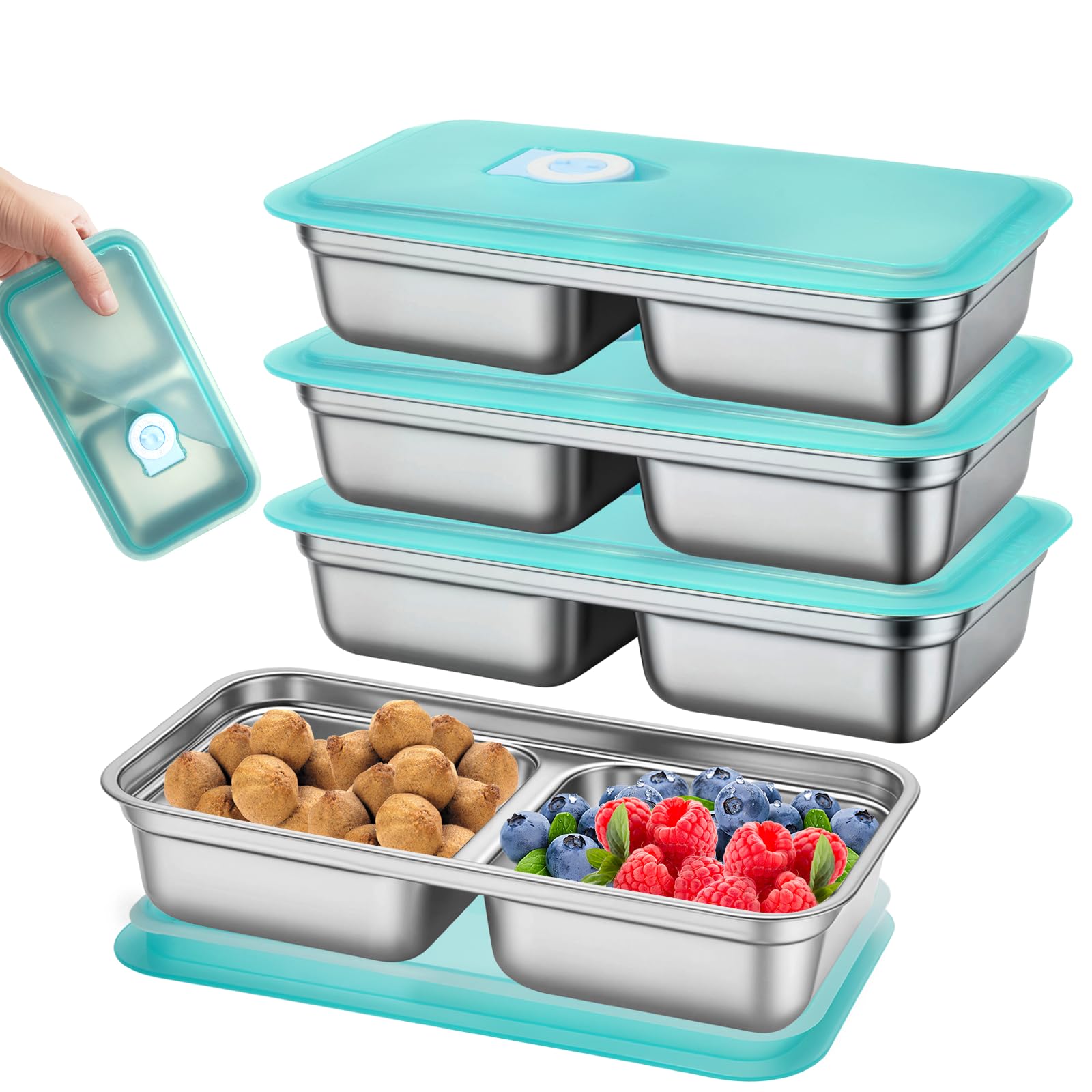 3 Pack Leakproof Stainless Steel Snack Containers with Secure Sealed Lids, Reusable 2 Compartment Bento Boxes for Lunch Prep, Travel, School & Office Stainless Steel Lunch Box