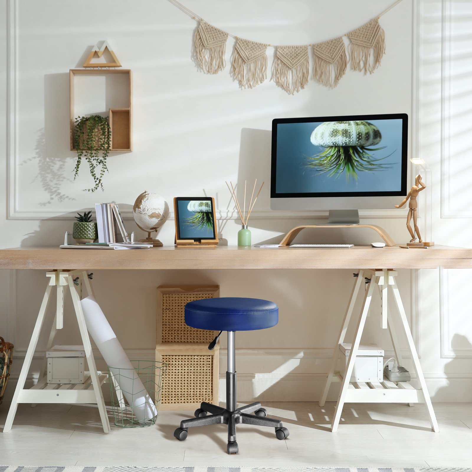 CASARIA® 2X Taburete Oficina Giratorio 360° Redondo Ø 35cm con Ruedas Silla Escritorio Trabajo Altura Regulable 46-60cm Acolchado 10cm Resistente Azul