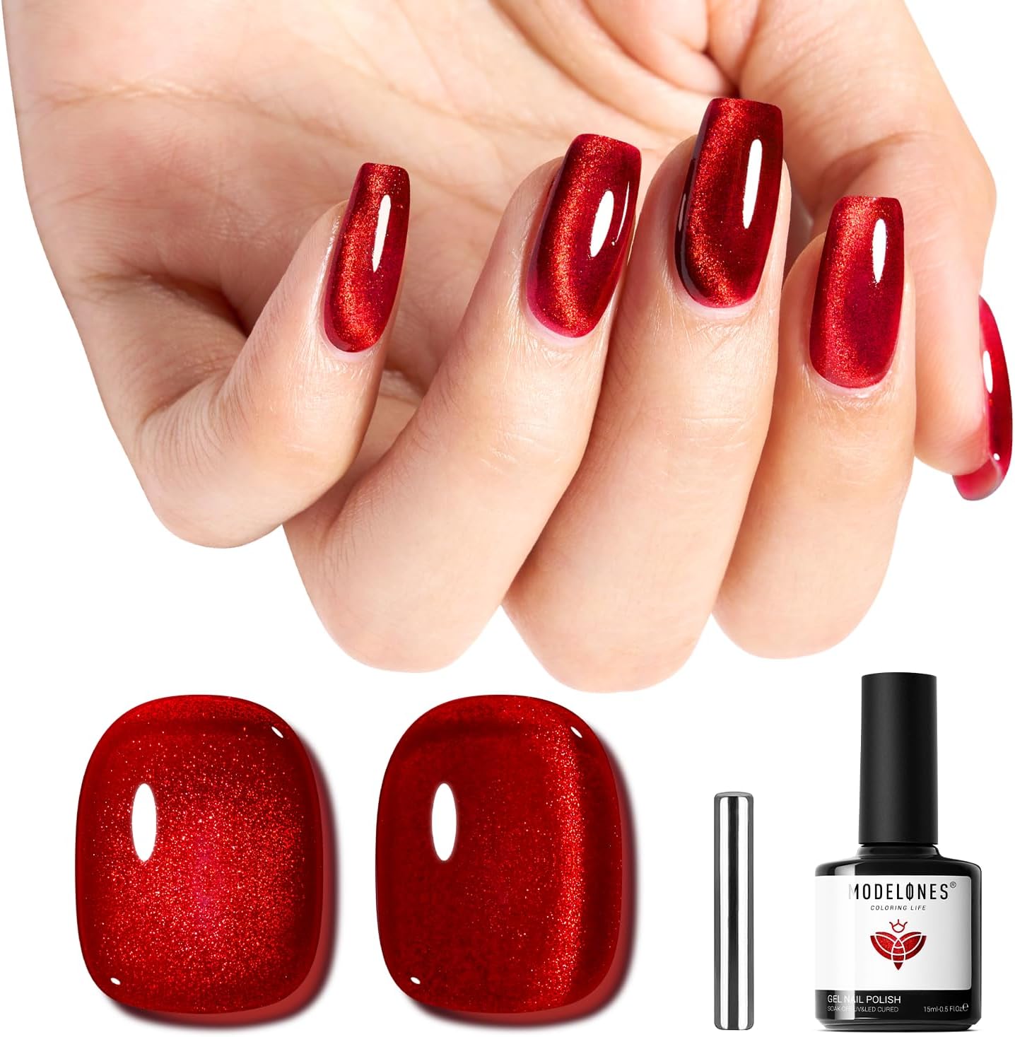 modelones Red Cat Eye Gel Nail Polish Magnetic Glitter Holographic Red Ruby Gel Polish Reflective Jelly Translucent UV Gel Manicure 15 ML