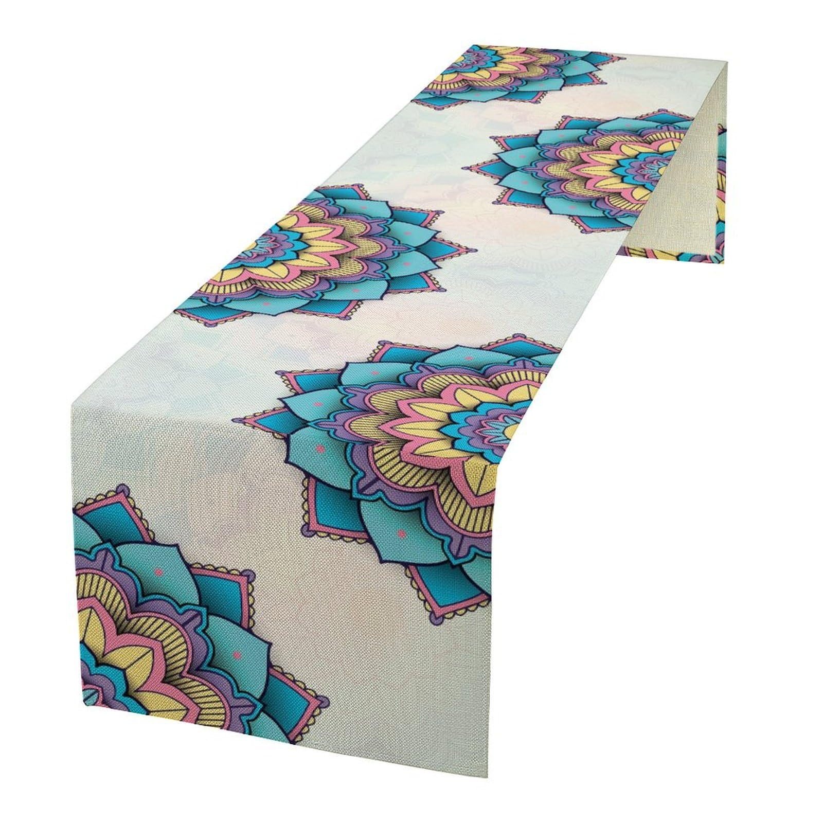 Boho Mandala Flower Table Runner Luxury Abstract Tribal Ethnic Golden Floral Oriental Seasonal Dinner Runner Farmhouse Home Kitchen Holiday Party Dining Table Decor 13x90in