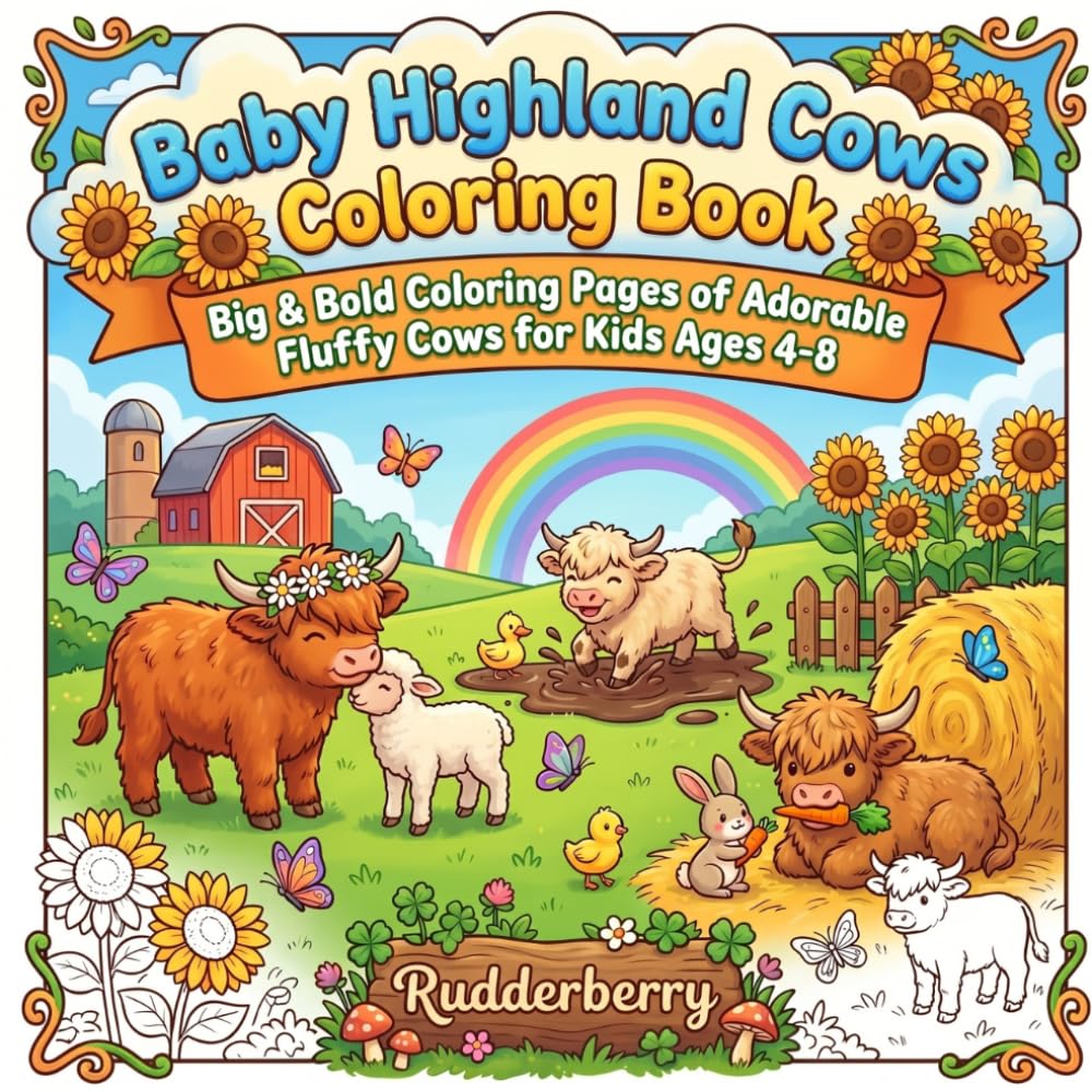 Baby Highland Cow Coloring Book for Kids Ages 4-8: Big & Bold Adorable Fluffy Cow Coloring Pages with Cute Farm Animals, Flowers, and Meadow Scenes ... Bold Coloring Books for Kids by Rudderberry)
