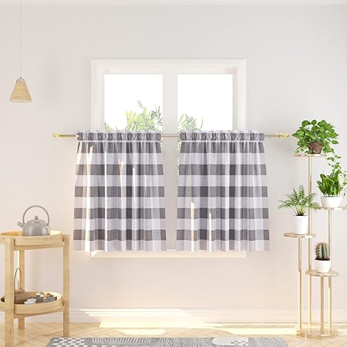 Miniatura 21 de Cortina ajustable con cenefa para ventana de cocina Buffalo Check, a cuadros, gingham, estilo granja, con bolsillo para barra, para baño, 42 x 45