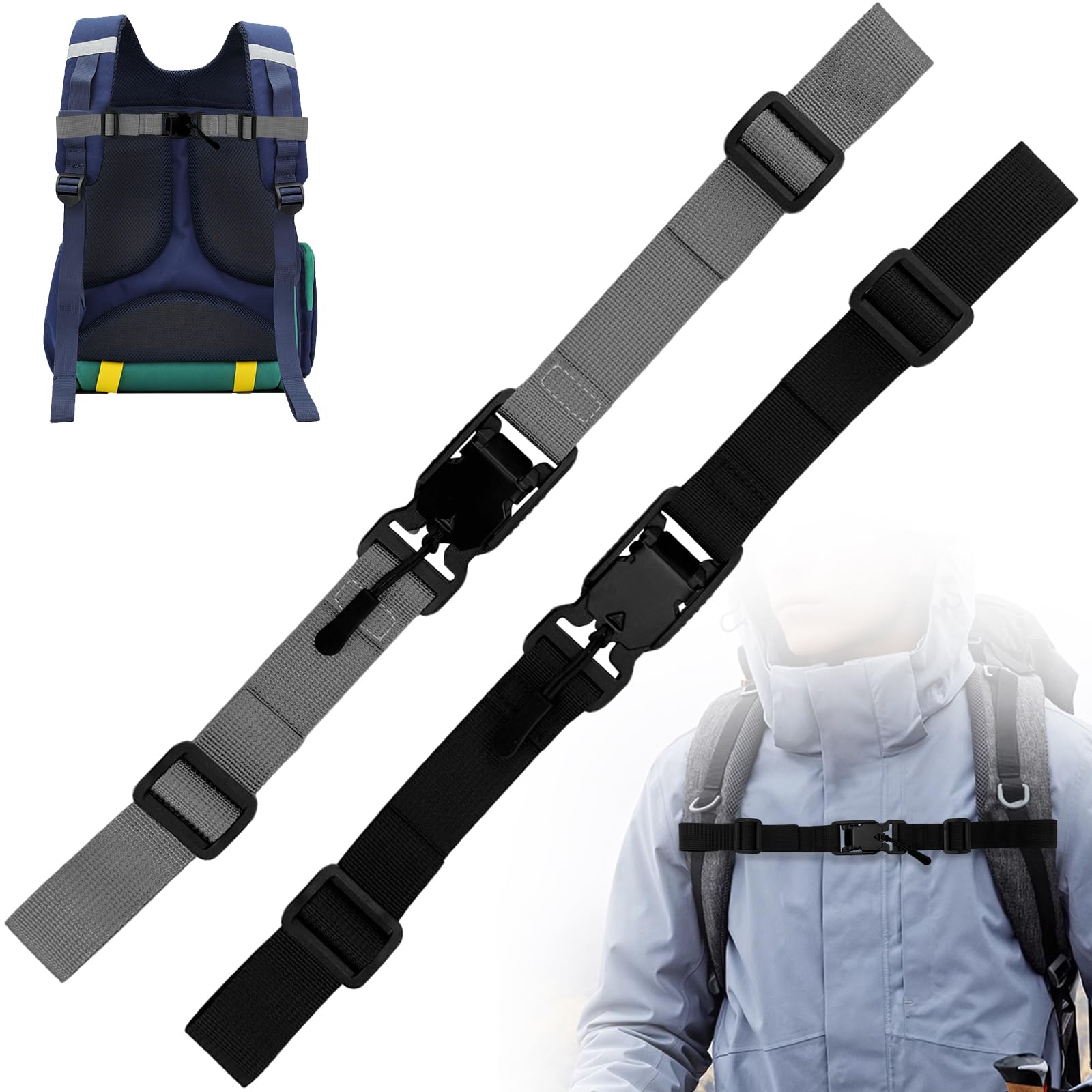 2pcs correas ajustables para el pecho, hebilla magnética, correa de pecho antideslizante, liberación rápida, correas de repuesto para mochila para senderismo, mochilas escolares (negro, gris)