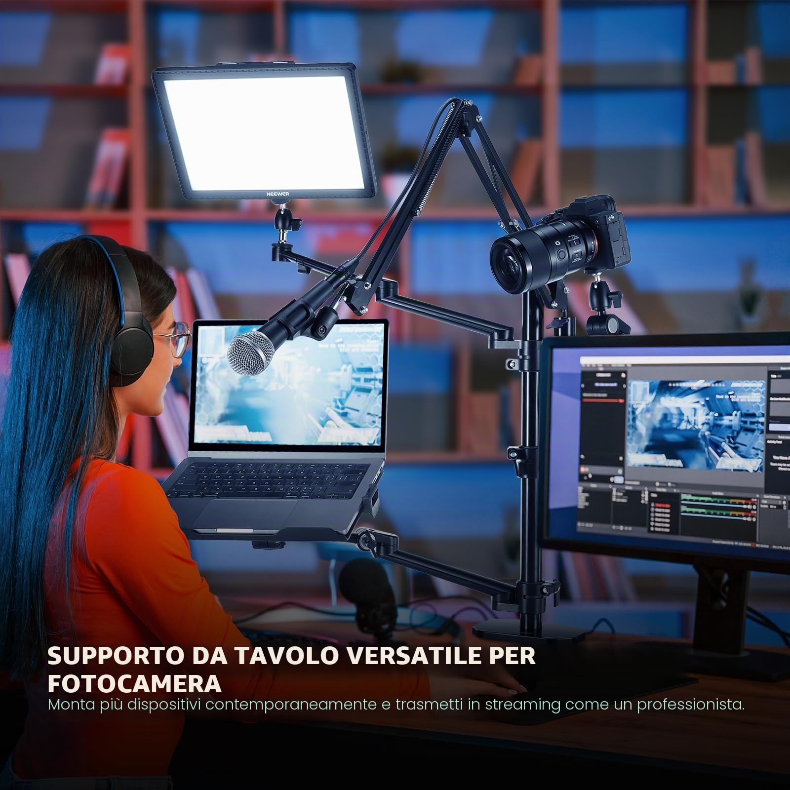 NEEWER Supporto per Fotocamera da Tavolo Sopraelevato con 4 Bracci per Fotografia Video Luce ad Anello Telefono Webcam Mic DSLR, Supporto Luce Scrivania per Diretta Streaming Riunioni Online, DS007