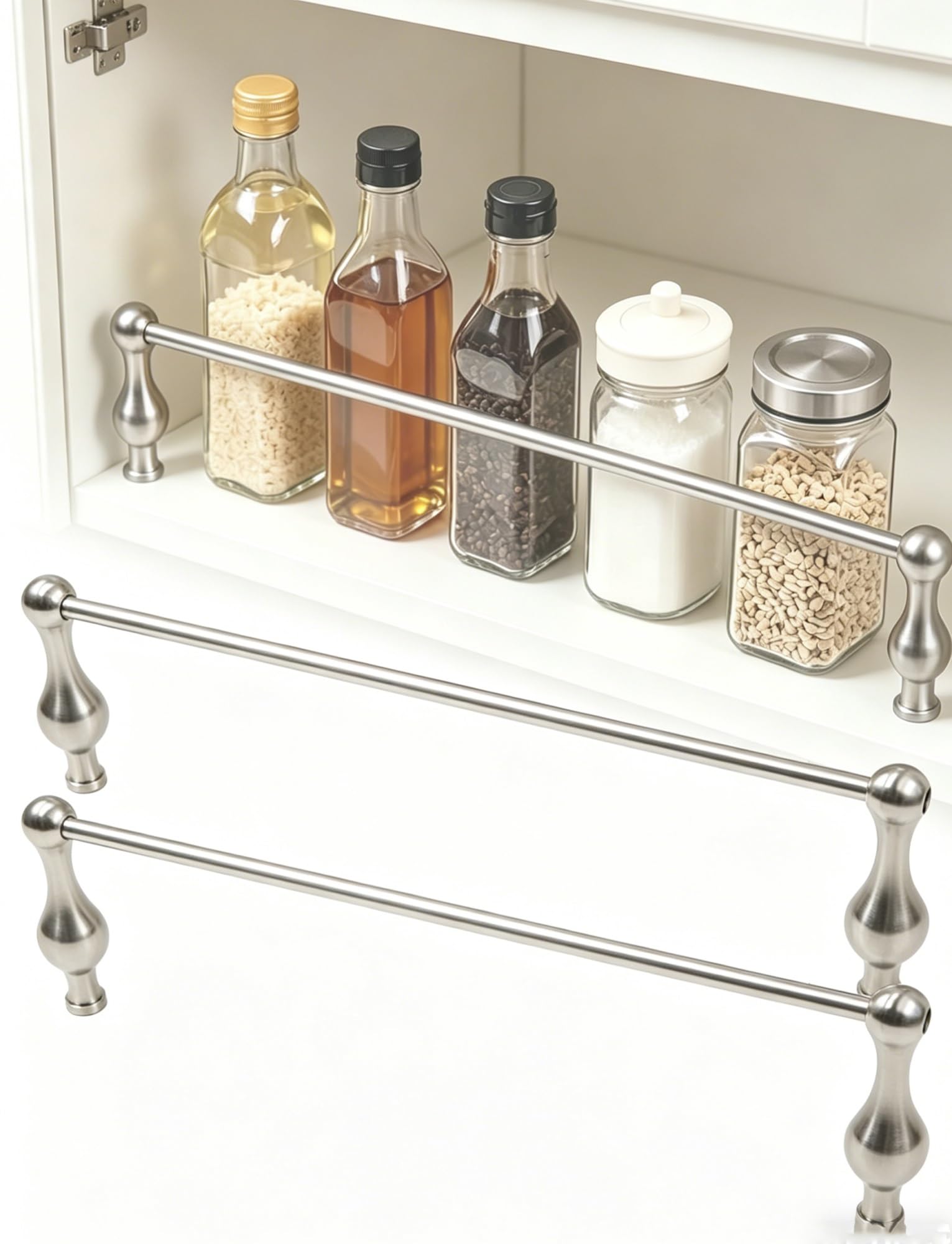 2pcs Shelf Guard Rail Fence, Decorative Aluminum Gallery Tipping Rod, Safety Barrier for Kitchen Cabinet Open Shelves, Easy Install(Silver,86cm/34in)