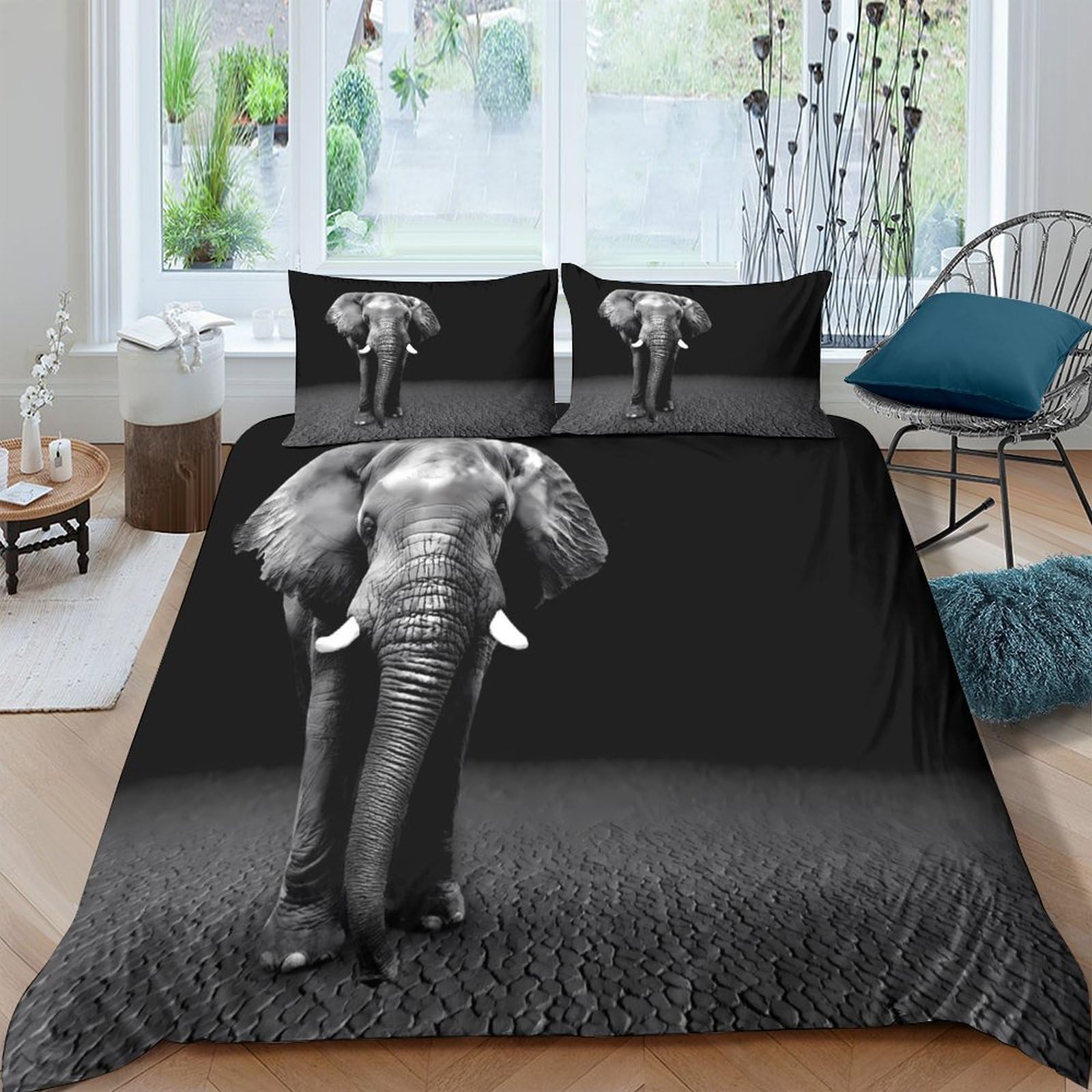XFKLYNVCJ 3D Printed Elephant Standing Bed Cover Polyester Black And White Duvet Cover Wrinkle Resistant Stain Resistant for Birthday Gift Men Women Home Bedding Use King（220x240cm）