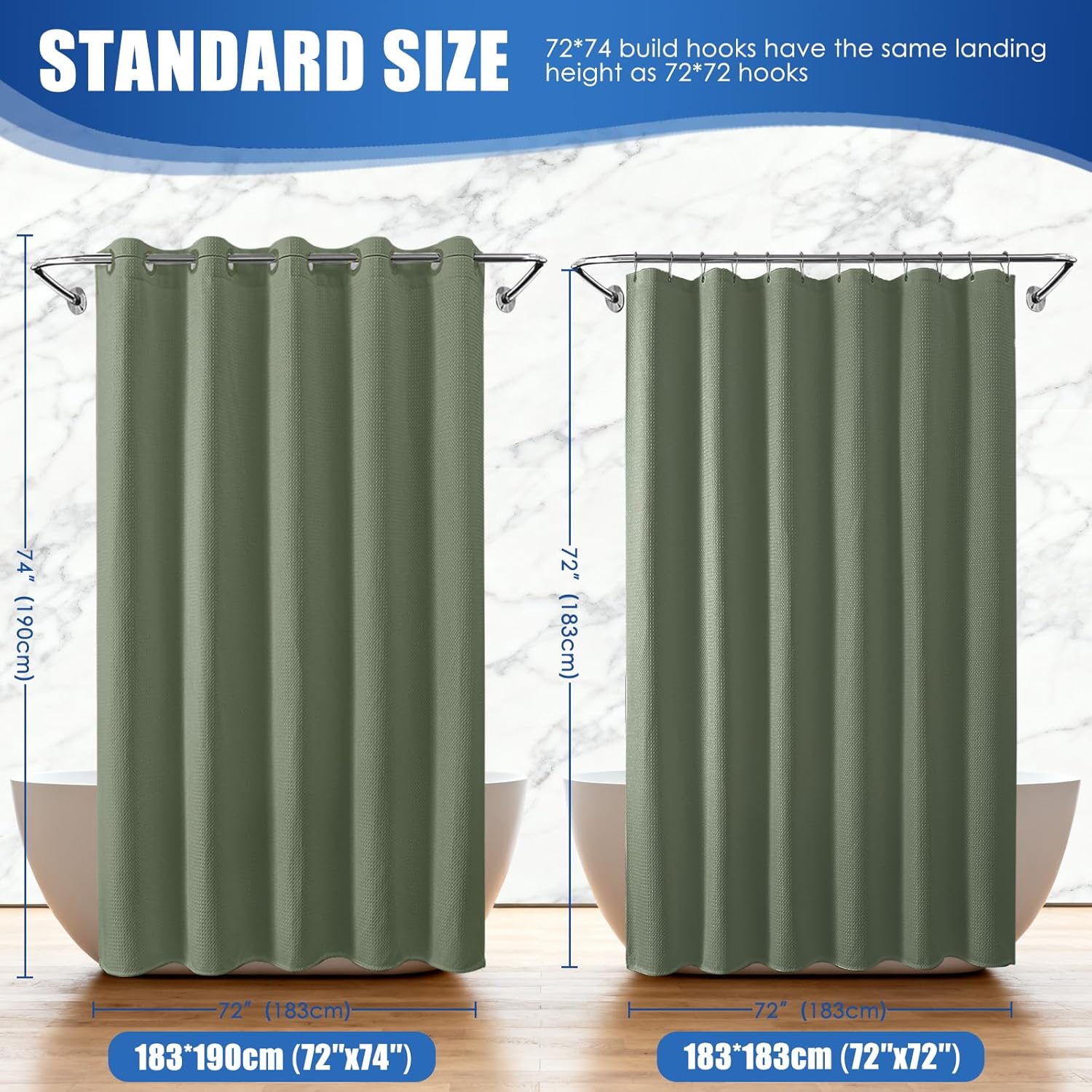 Waterproof No Hooks Waffle Shower Curtain, 260GSM Heavy Duty Fabric, with 10 Durable Split Grommets, Luxury Hotel Spa Style for Bathroom, Machine Washable, 74 x 72 Standard Size, Green