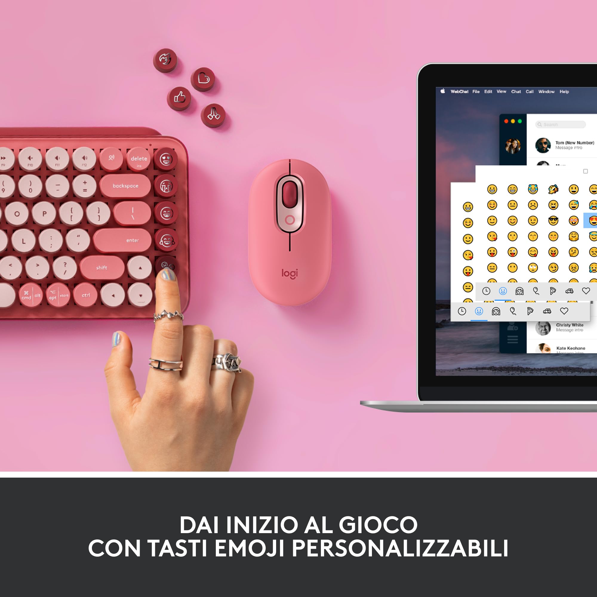 Logitech POP Keys Tastiera Meccanica Wireless con Tasti Emoji Personalizzabili, Design Compatto Durevole, Bluetooth o USB, Compatibilità Multidispositivo e OS, Italiano QWERTY - Heartbreaker