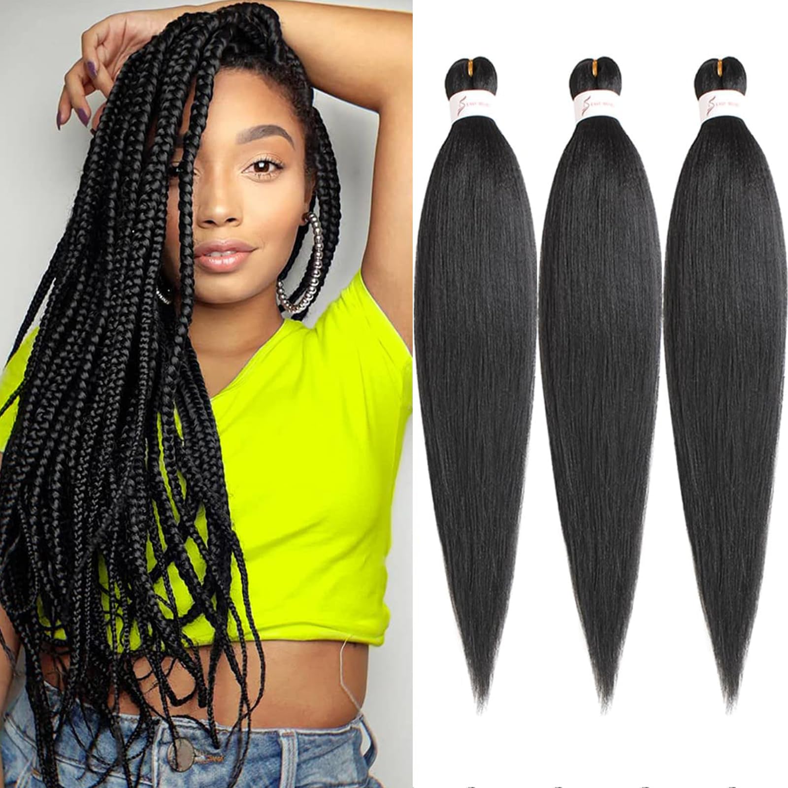 Xtrend 3Packs Easy Braids Pre-stretched Braiding Hair 20 Inch EZ Braiding Hair Professional Hot Water Setting Synthetic Fiber for Crochet Braiding Hair(3Packs,1B#)