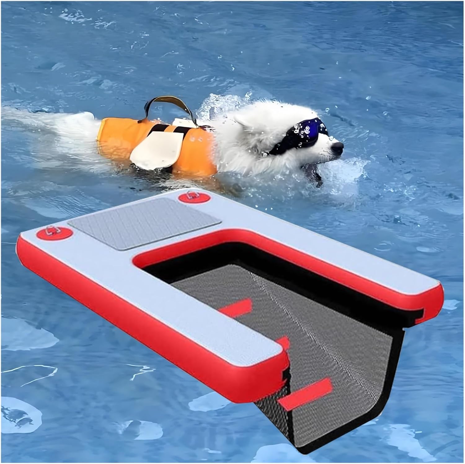 Inflatable Extra Large Dog Water Ramp, Reusable Dog Ramp for Swimming Pool 2 3 4 Pack, Portable Dog Raft for Swimming Pets Up to 105kg, Black Blue Green Red Yellow(Red)