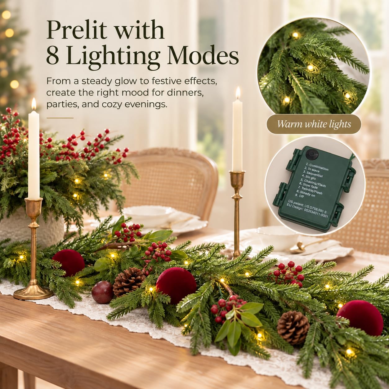 Prelit 9 FT Norfolk Pine Garland with Lights, Real Touch Artificial Christmas Greenery Garland for Mantel, Stairs, Doorway and Holiday Home Decor(Norfolk Pine, 9 FT, Prelit)