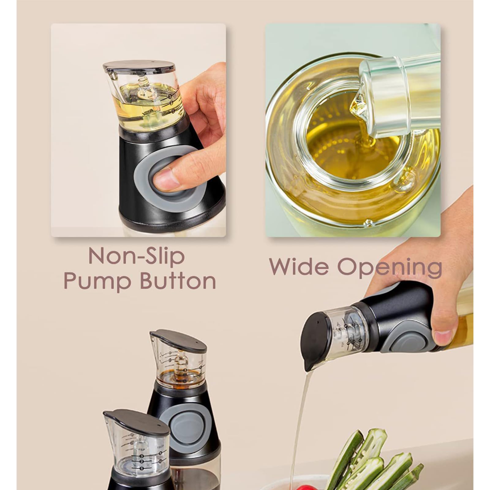 soulnioi Oil Dispenser Bottle For Kitchen/2 In 1 Push Button Glass Oil Bottle/Portable Oil Bottle Measuring Oil Vinegar Dispenser For Air Fryer,Cooking,BBQ Black 250ml+500ml - Image 4