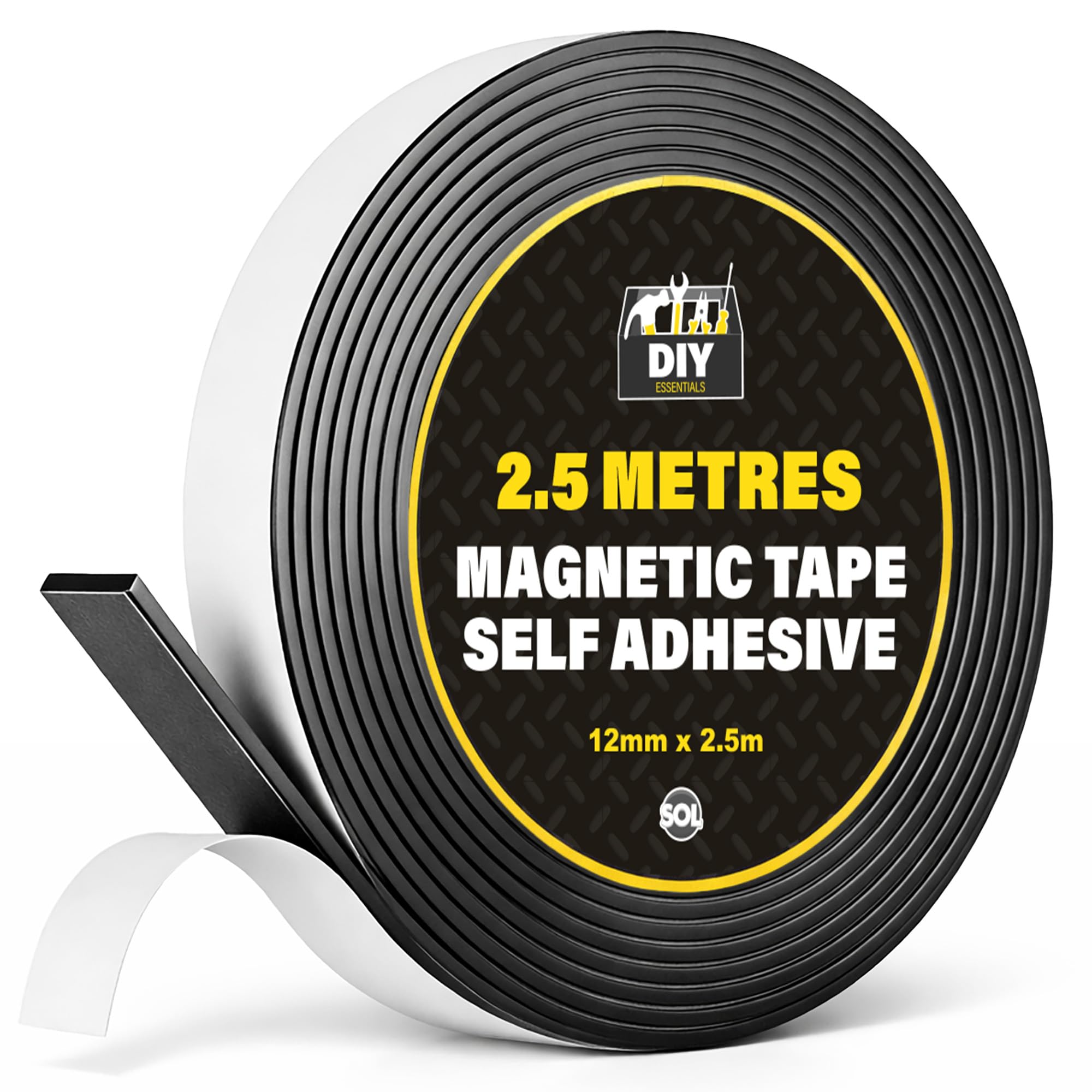 SOL 2.5 Metre Magnetic Tape Self Adhesive 12mm Width Strong Magnetic Strip Flexible Cut to Size Roll for Craft Projects Office Organisation DIY Mounting Signs Photos Tools Home Workshop Use