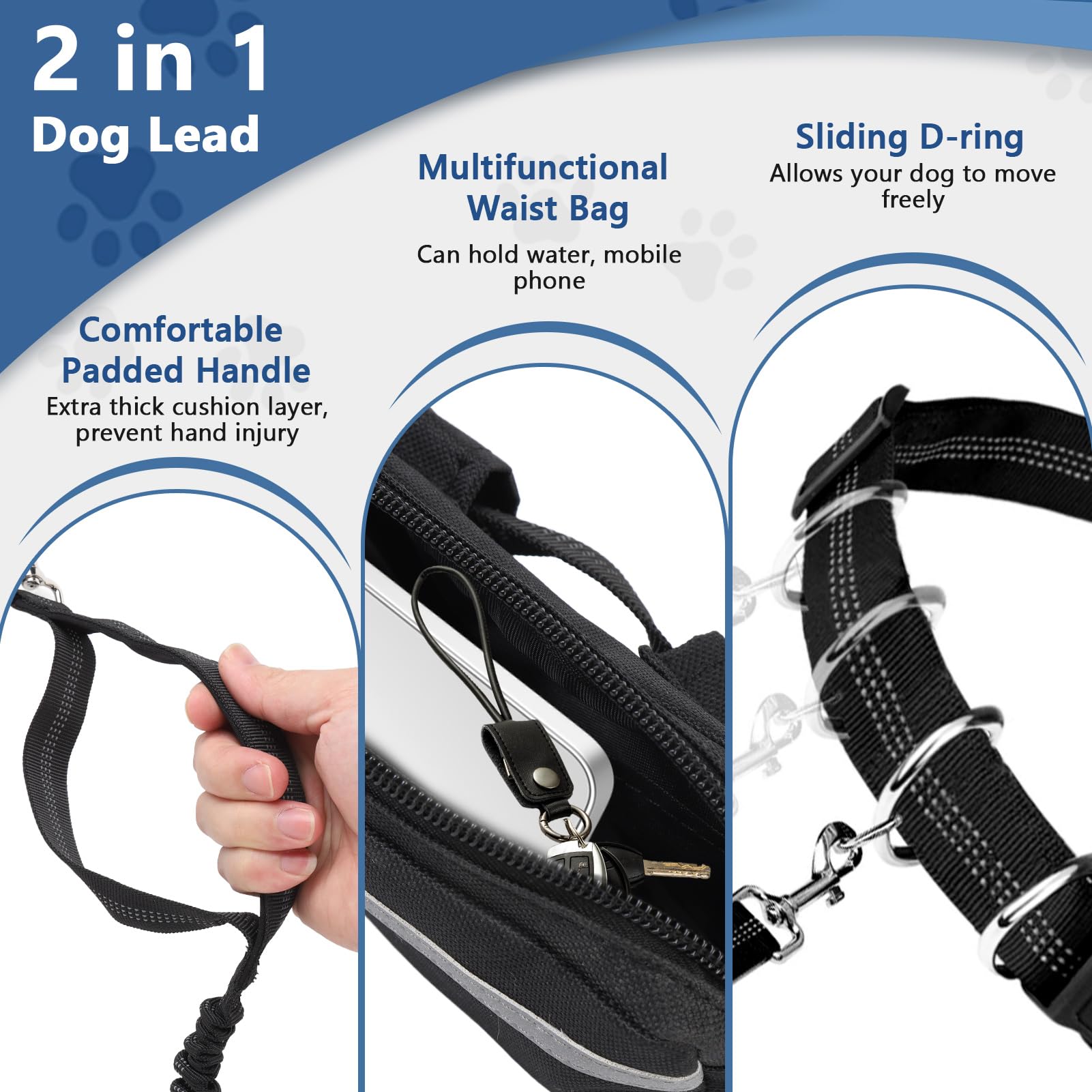 Hands Free Dog Lead, Adjustable Dog Walking Belt for 2 Dogs, Running Dog Lead with Waist Belt and Bag - Image 3