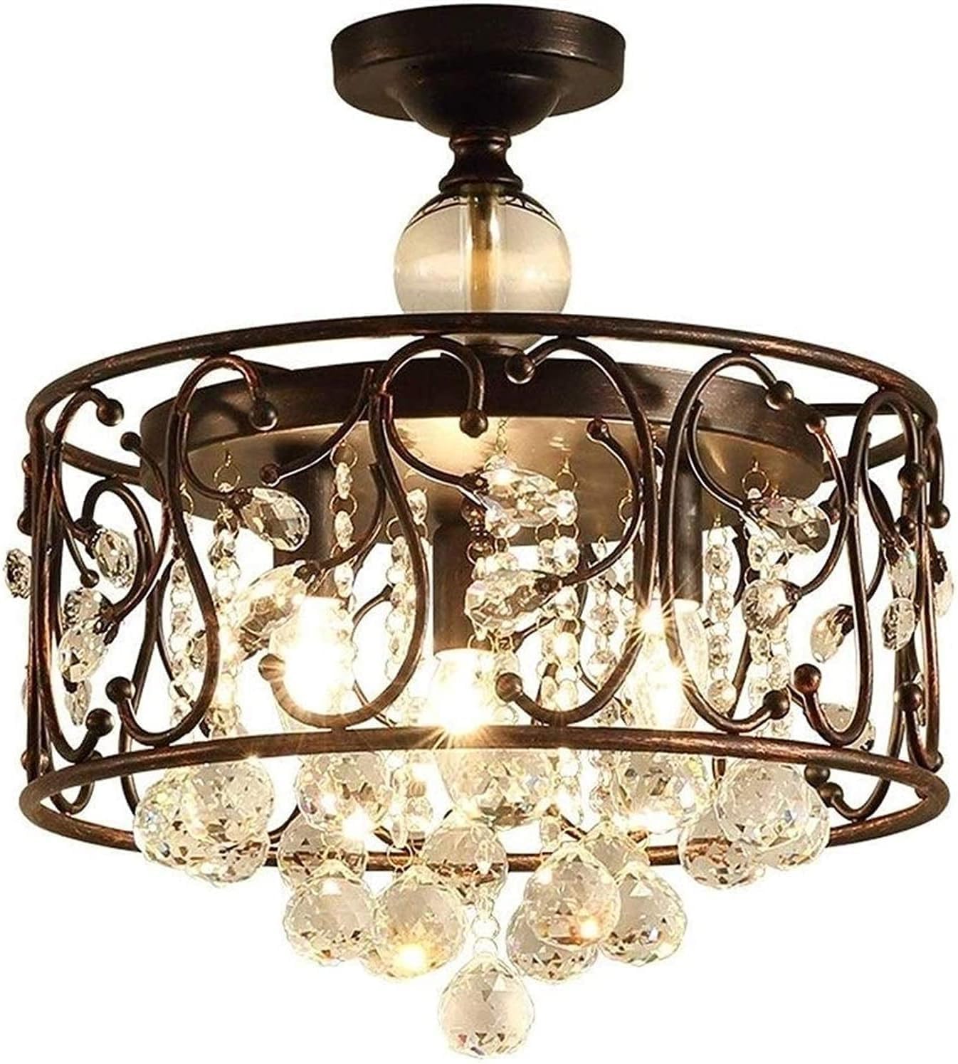 LED Chandelier Lamp, Pendant Lights Semi Flush Mount Ceiling Lights Crystal Ceiling Light Fixture Retro Industrial Socket Black Metal Cage Farmhouse 3 Lights Hardwire Lighting Compatible wit,K