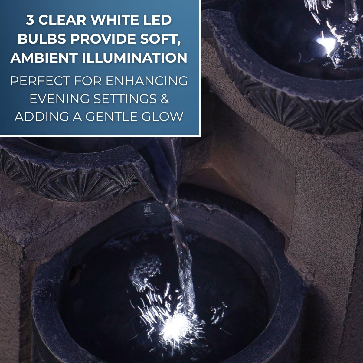 Festive Lights - Fontaine de jardin hybride avec éclairage LED gris effet pierre 42 cm – Solaire, USB et alimentation enfichable, fontaine de jardin intérieur ou extérieur, fonction minuterie