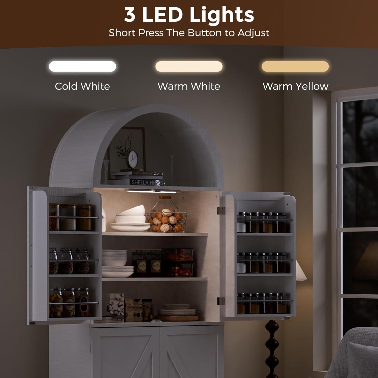 Arched Kitchen Pantry Cabinet with Adjustable Shelves, Modern Farmhouse Storage Cupboard, White Freestanding Wood Cabinet with LED Lights.