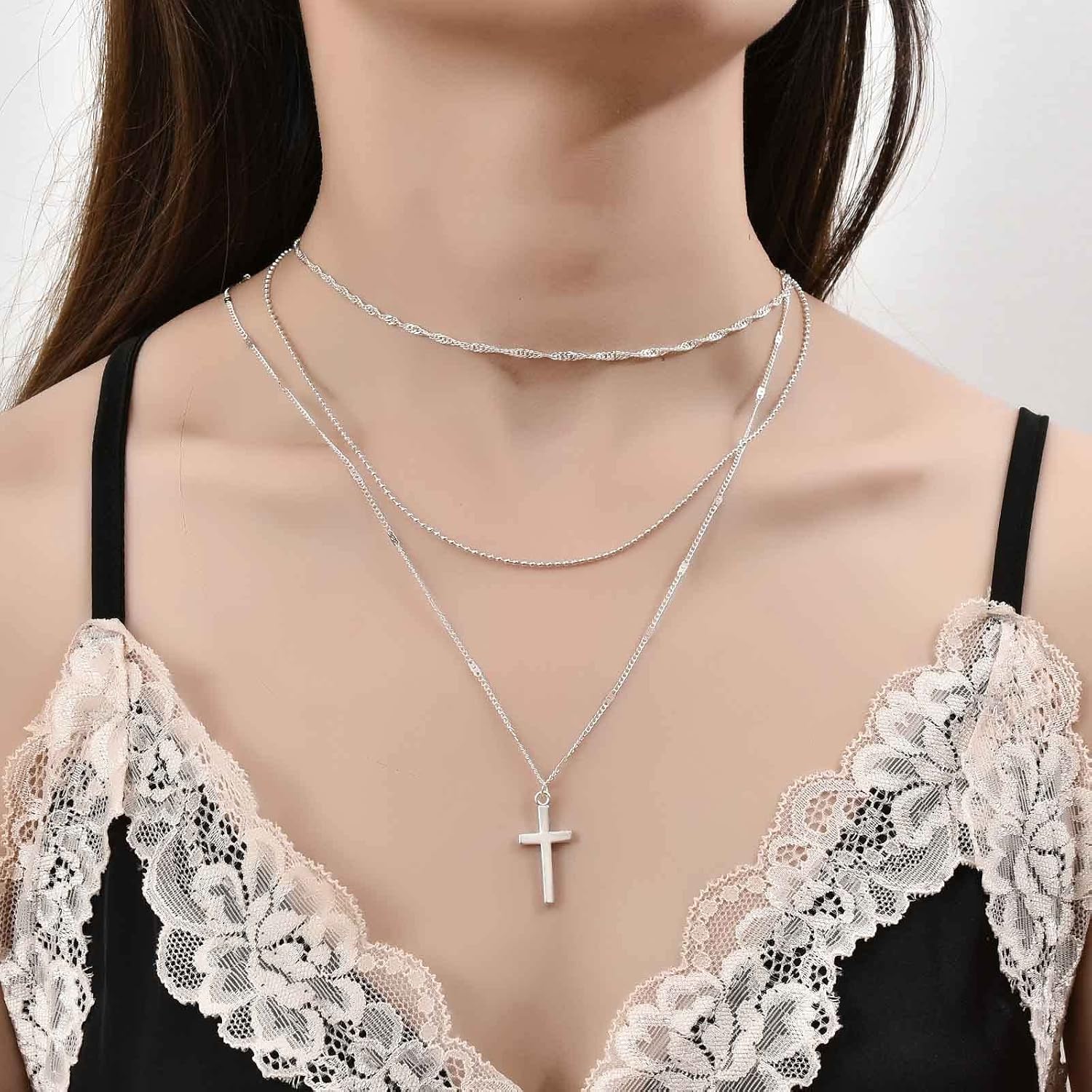 Yienate Fashion Cross Multi-Layered Necklace Chain Choker Lucky Cross Pendant Silver Necklace Charming Layered Jewellery Gift for Women and Girls