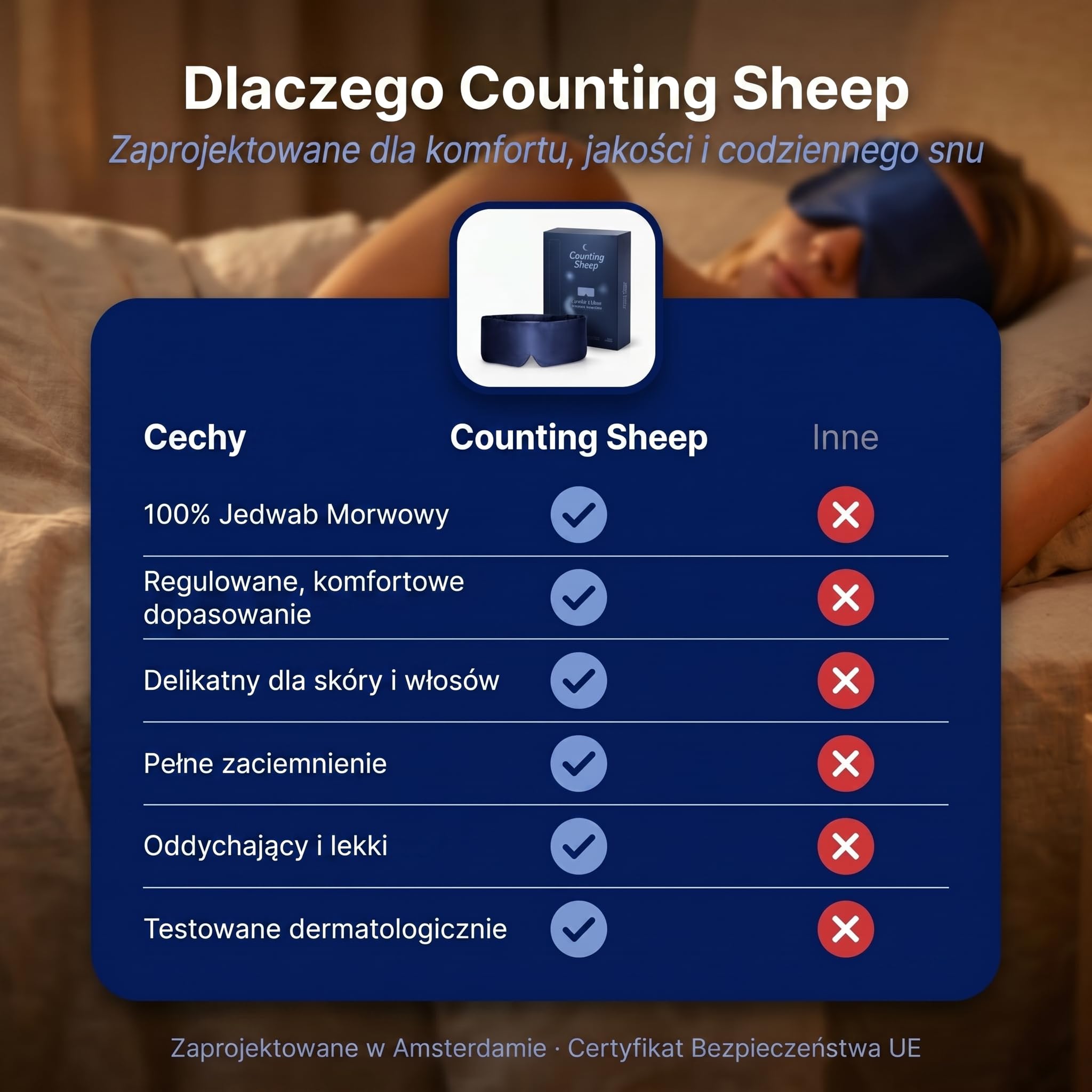 Jedwabna Maska do Spania dla Kobiet i Mężczyzn – Counting Sheep | 100% Jedwab Morwowy, Pełne Zaciemnienie | Miękki Regulowany Pasek, Przyjazny Włosom | Podróż, Hotel, Śpiący na Boku | Edycja Comfort