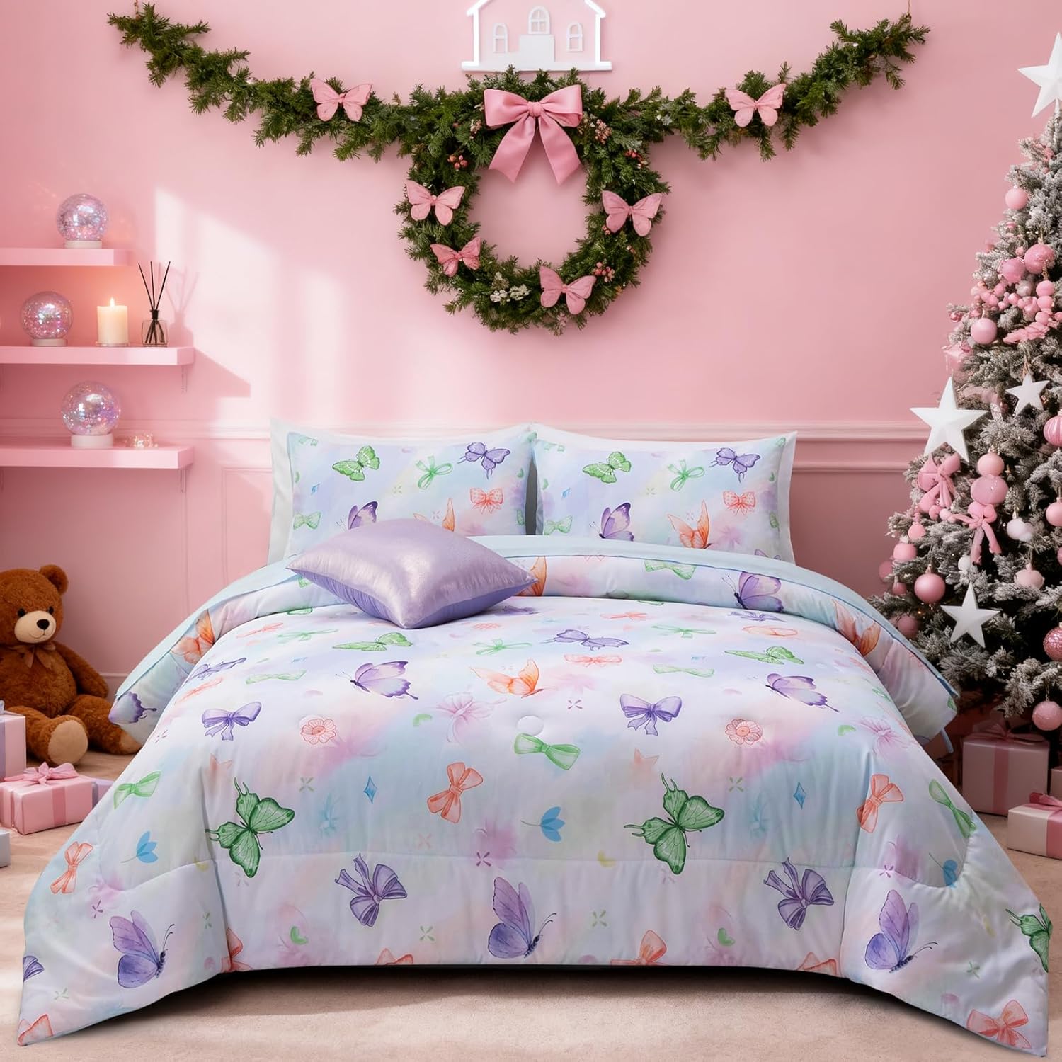 Meeting Story Full Kid Comforter Set,Bow Bedding Colorful Comforter Set for Girls(Purplegreen)