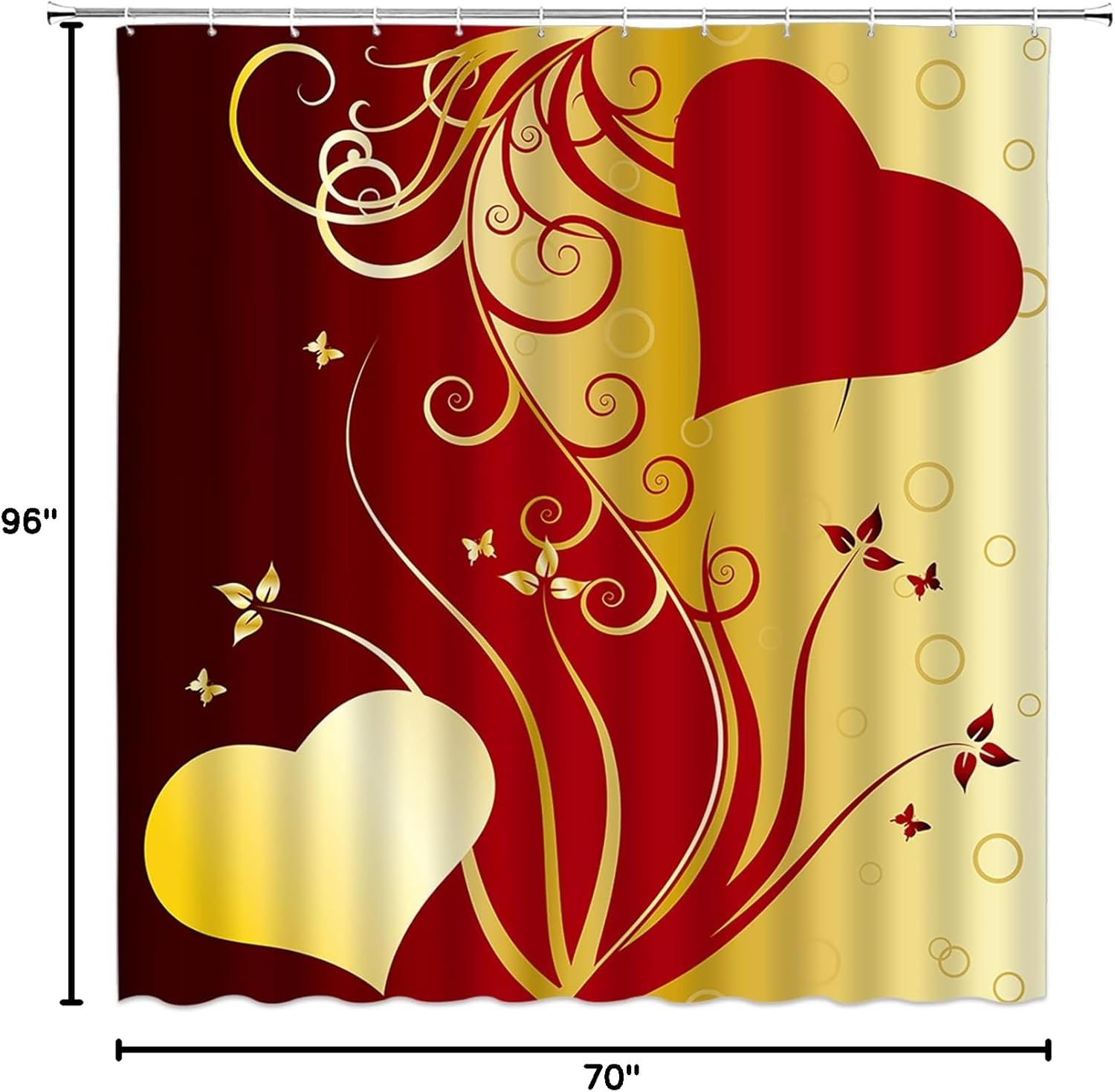 Valentine's Day Shower Curtain Red Gold Heart Abstract Floral Romantic Sweet Love for Lover Couple Creative Bathroom Decor Fabric Curtain with Hooks