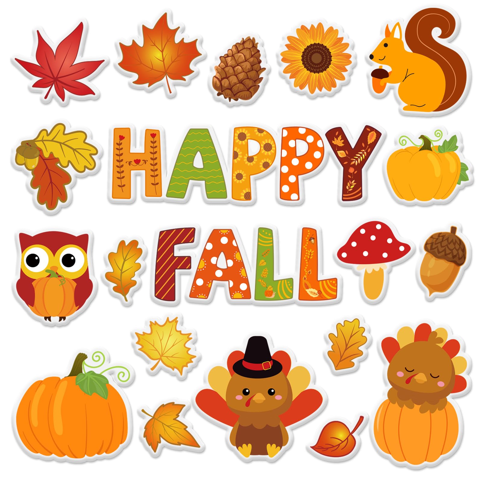 JarThenaAMCS 20 x dicke Gel-Aufkleber "Happy Fall", Ernte-Kürbisse, Tannenzapfen, Ahornblätter, Fenster-Gel-Aufkleber für Herbst, Erntedankfest, Schule, Klassenzimmer, Kinderzimmer, Dekoration
