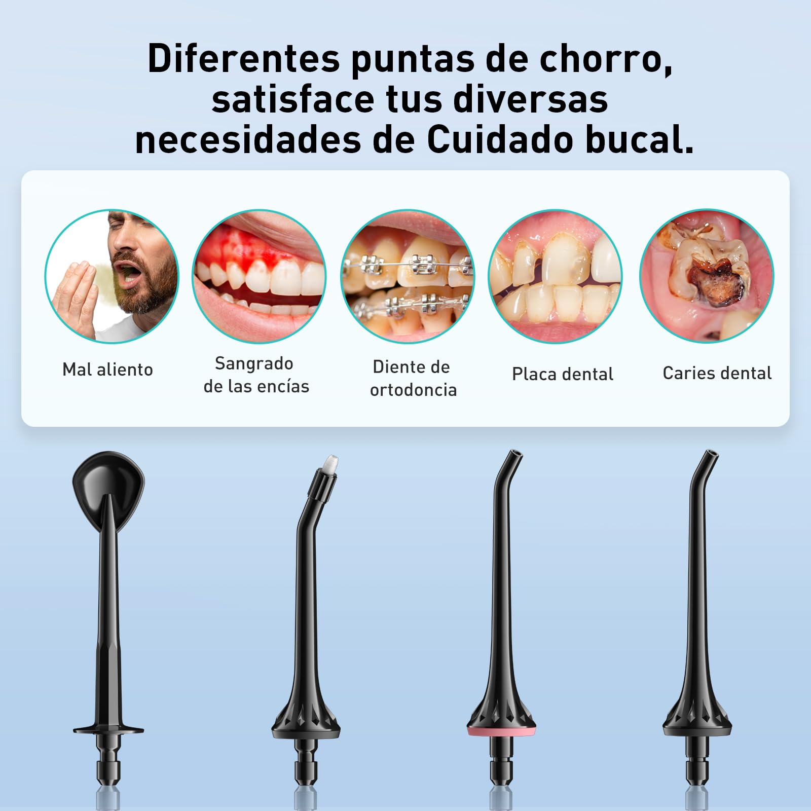 COSLUS Irrigador Bucal Portatil Irrigador Dental:4 Boquillas 4 Modos Recargable Limpiador de Riego para Limpieza Dental, 300ML IPX7 Impermeable Limpieza Dientes Para el Hogar y los Viajes Negro