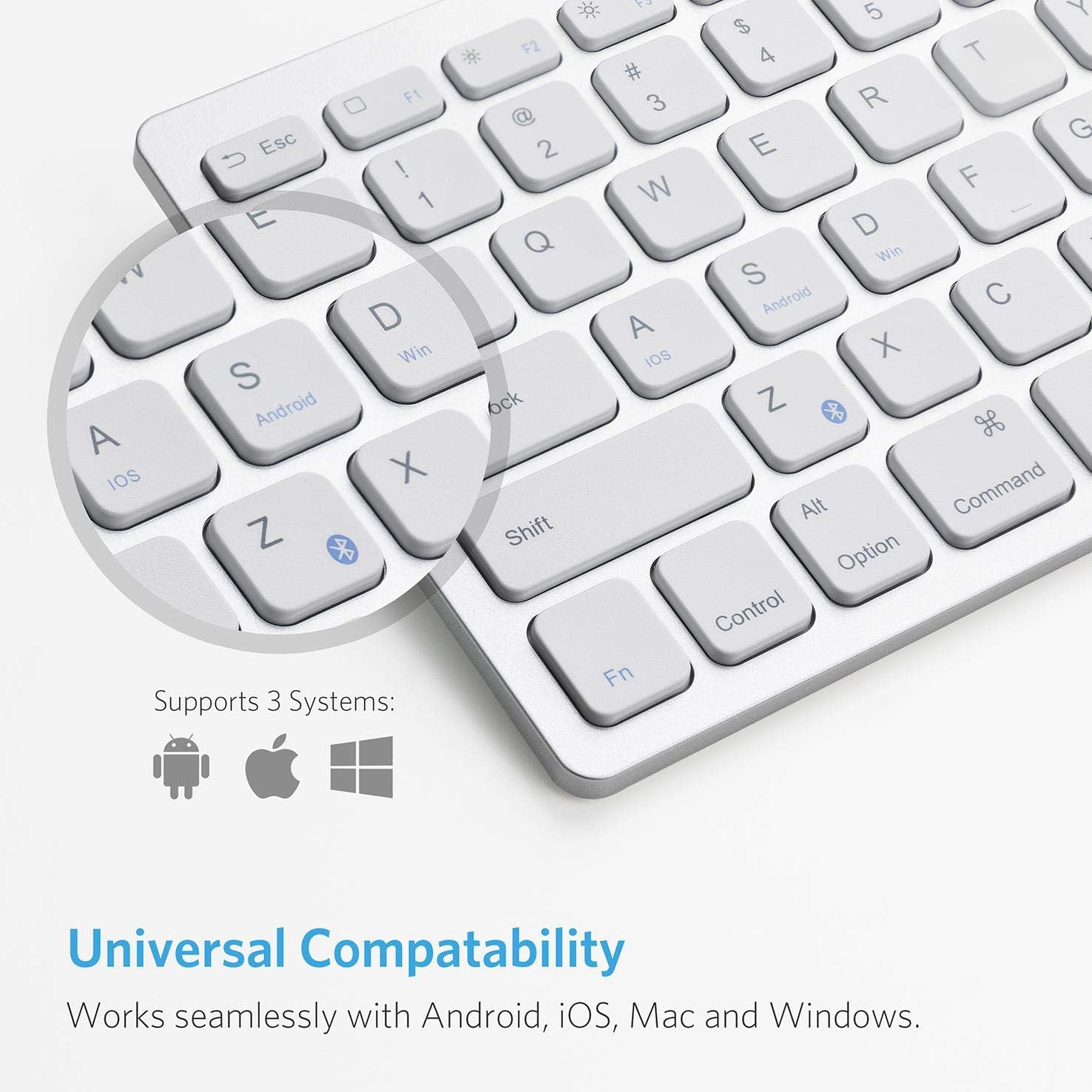 Close-up of the Anker Bluetooth Ultra-Slim Keyboard keys, highlighting compatibility with iOS, Android, and Windows.