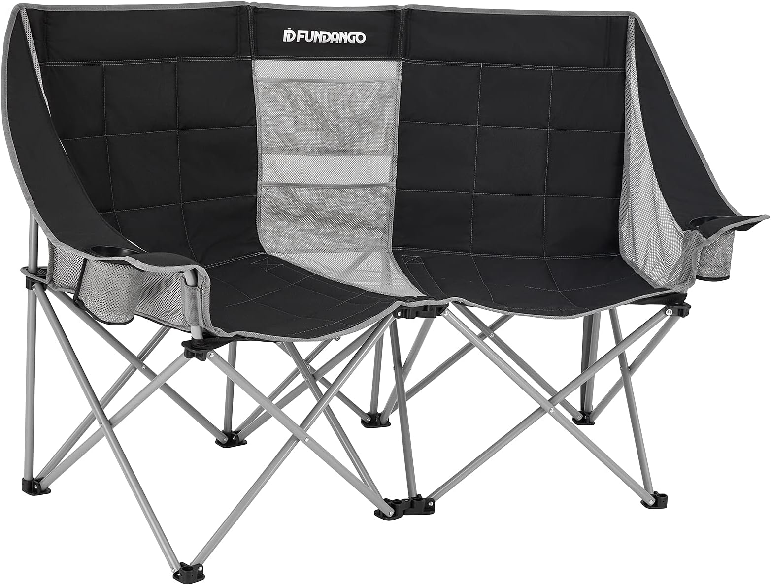 FUNDANGO Portable Loveseat Oversized Double 2 Person Large Outdoor Folding Camping Sofa Chair for Lawn,Travel,Picnic,Patio, 25.5X53.9X39.3 inches, Black/Grey