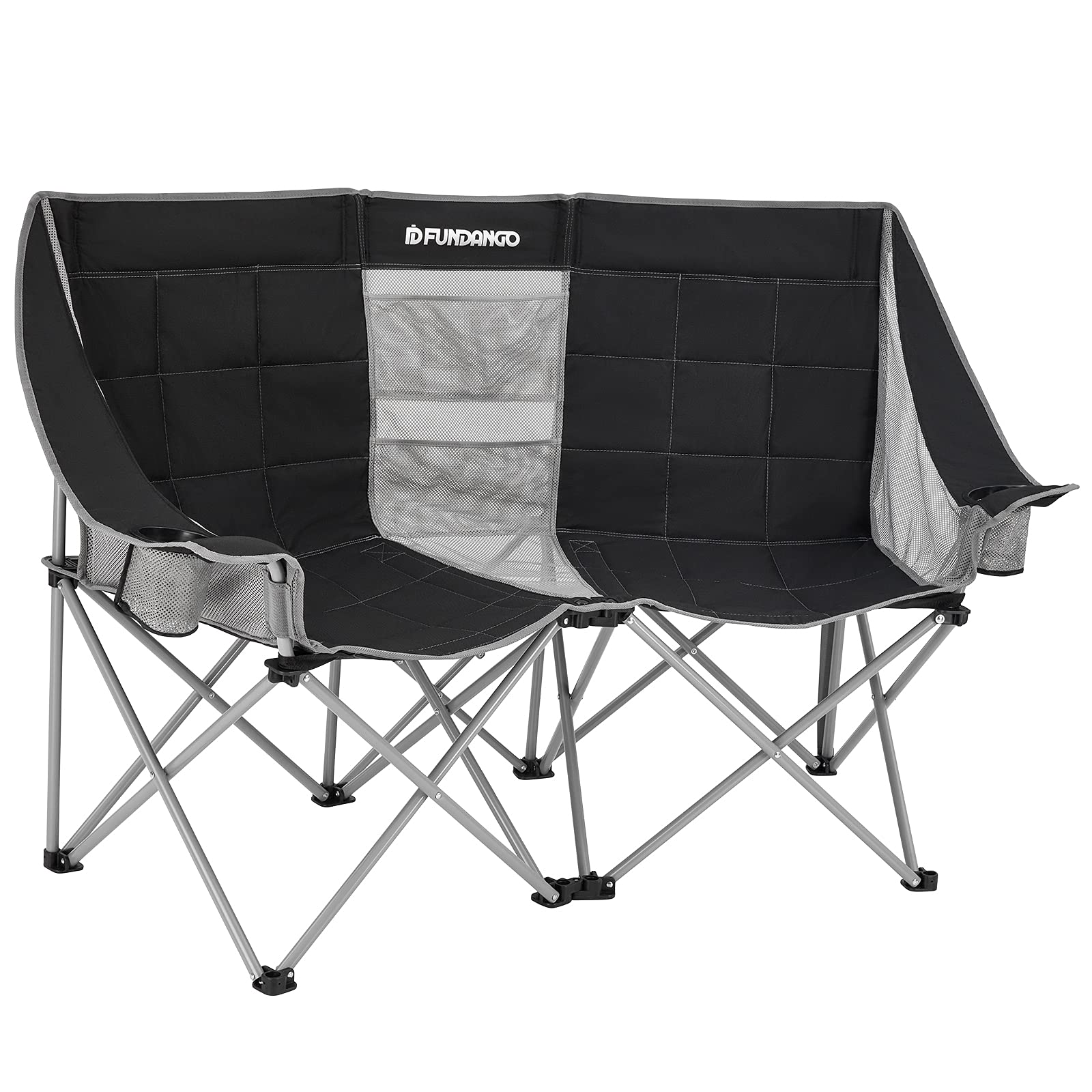 FUNDANGO Portable Loveseat Oversized Double 2 Person Large Outdoor Folding Camping Sofa Chair for Lawn,Travel,Picnic,Patio, 25.5X53.9X39.3 inches, Black/Grey