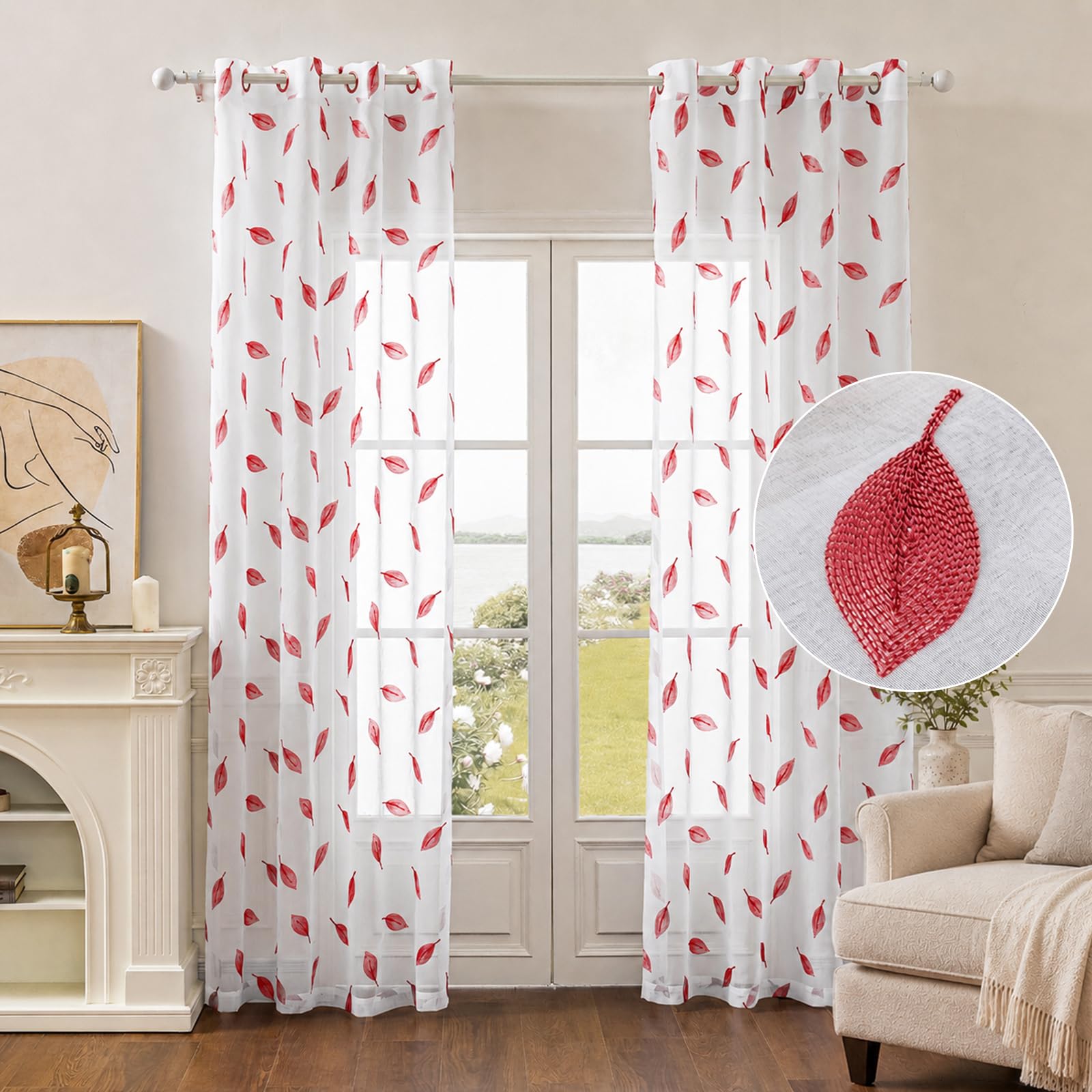 Nowoczesne Firany Woalowe 2 Szt 140x225cm, Półprzezroczyste Firany z Haftem, Firany z Przelotkami, Do Salonu Sypialni Balkonu Okna, Czerwony