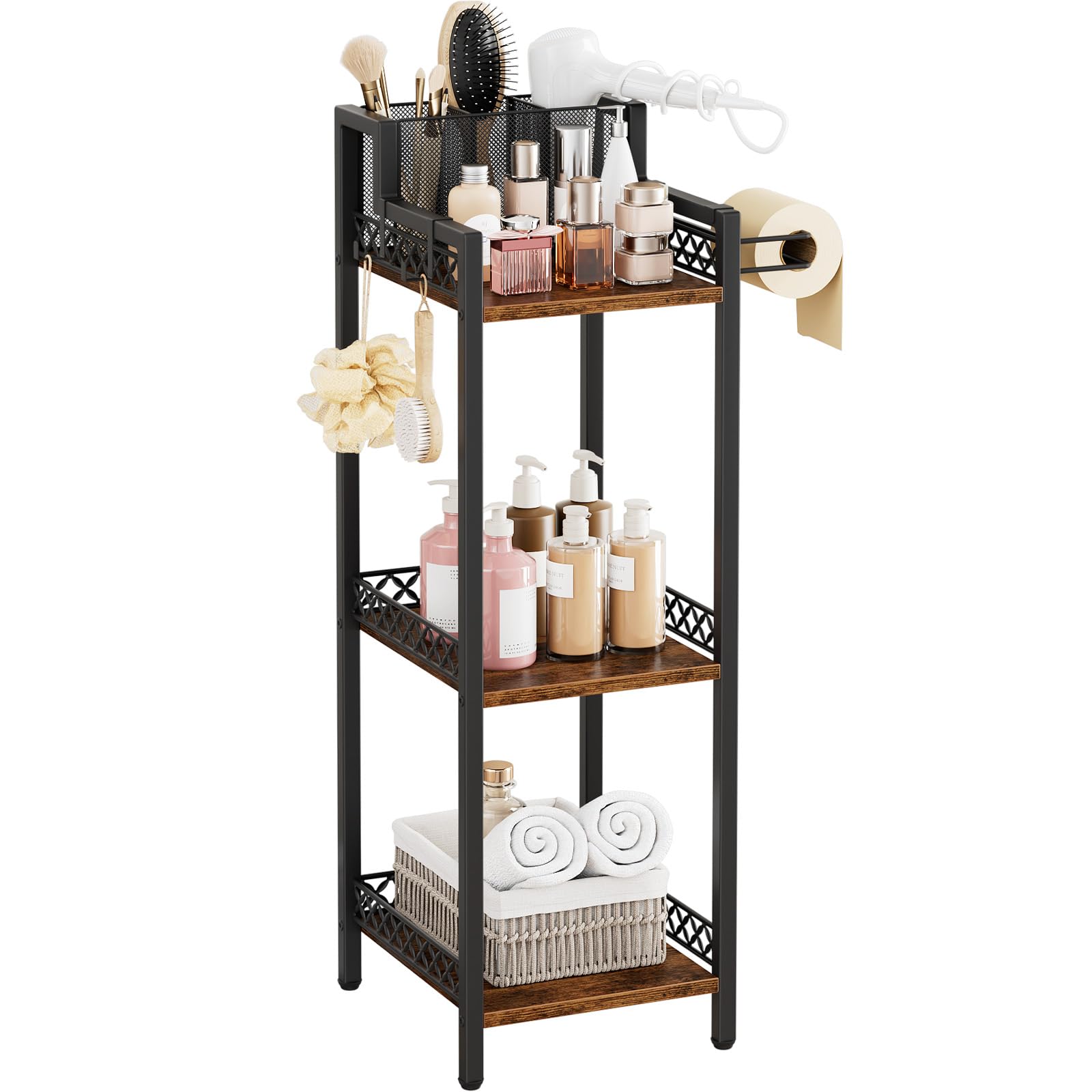 3-Tier Bathroom Shelf Organizer with Hair Dryer Holder and Toilet Paper Hook, 9.85" Slim Metal Stand for Small Spaces, Holds 50lbs - Freestanding Storage for Towels, Toiletries