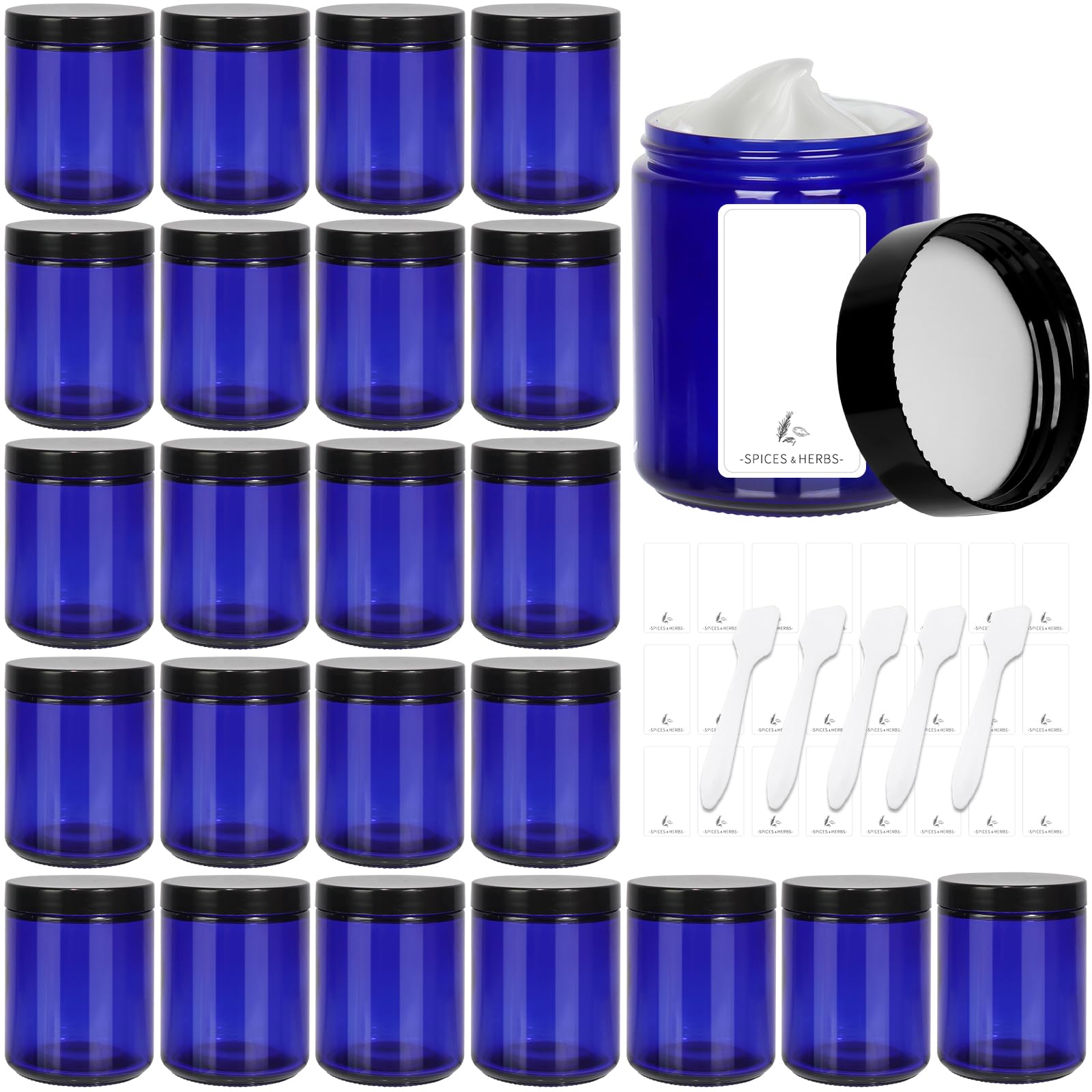 Betrome 24 Pack 8oz Blue Glass Jars with Black Plastic Lids, Round Empty Cosmetic Jars for Beauty Items, Craft, Food Storage, Canning