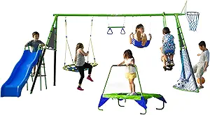 FITNESS REALITY KIDS 8 Station Sports Series Green Metal Swing Set with Basketball and Soccer (8477)