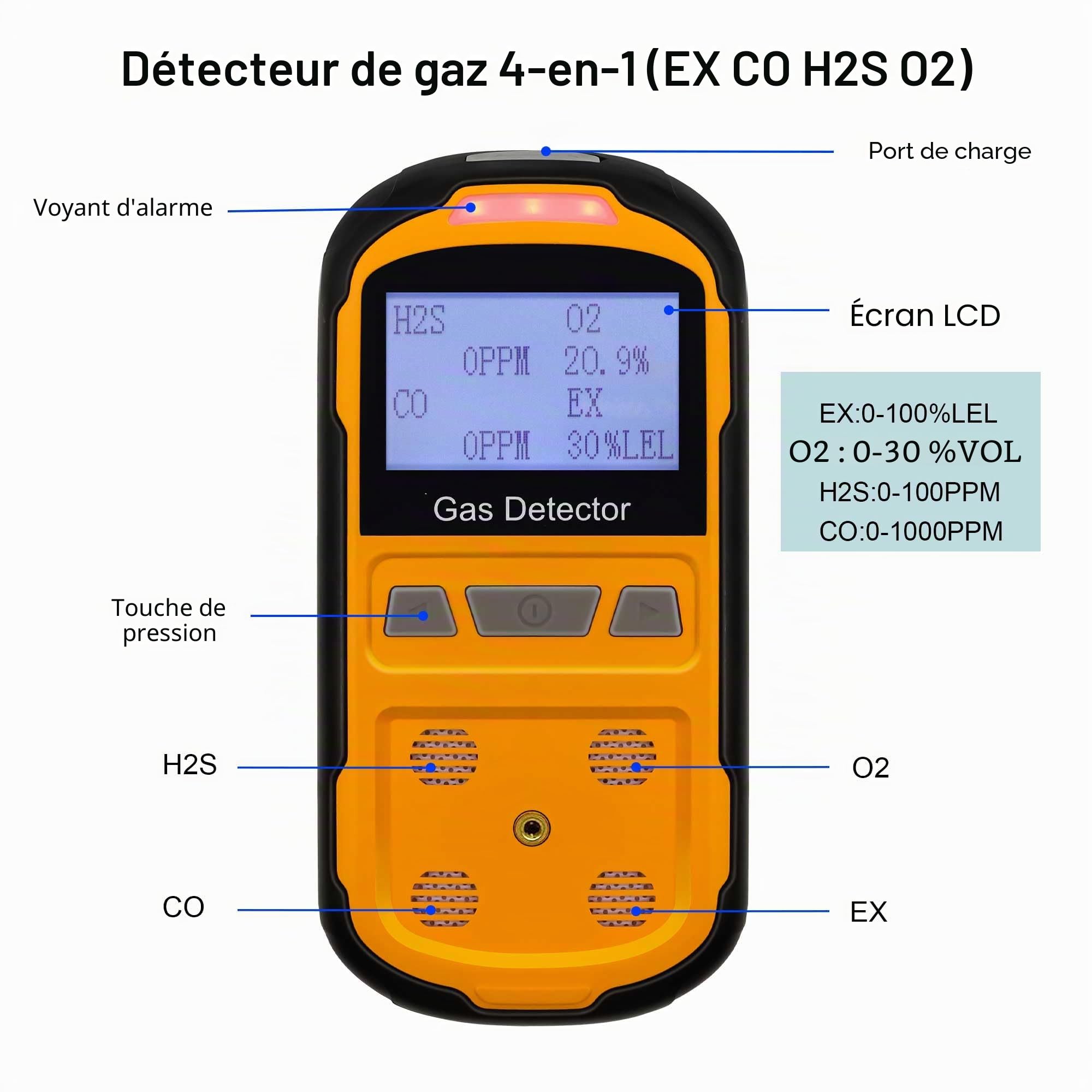 Détecteur de Fuite de gaz pour H2S CO O2 et LEL, détecteur de gaz Portable avec alarmes audibles, visuelles et vibrantes, Moniteur de gaz Portable 4 en 1, écran LCD numérique (Orange)