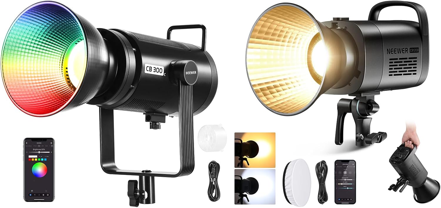 NEEWER CB 300C RGB LED Video Light with Reflector 300W, Bowens COB Continuous Output Lighting Dimmable for Studio Filming, CB120B 120W LED Video Light APP/2.4G Control Included