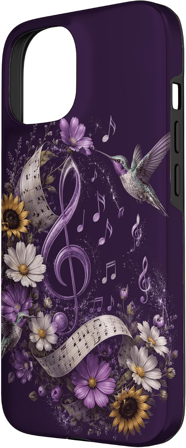 Music Teacher Hummingbird Purple Floral Music Notes Case for iPhone 15 image 2