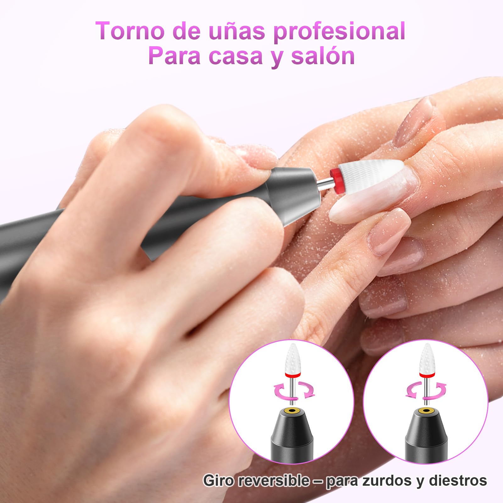 POFIBO Torno para Uñas Profesional - Lima Eléctrica uñas 35000RPM - 12 en 1 Torno para Uñas USB con Brocas de Cerámica - Manicura y Pedicura Eléctrico Profesional para Salón