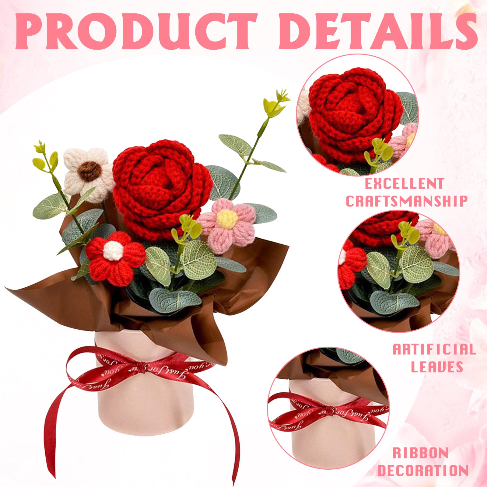 Rosas Rojas Ramo de Flores Ganchillo, Ramo de Flores de Punto Hecho a Mano, Flores Artificiales para cumpleaños, San Valentín, Regalos de Punto para Madre, Mujeres, Amigas